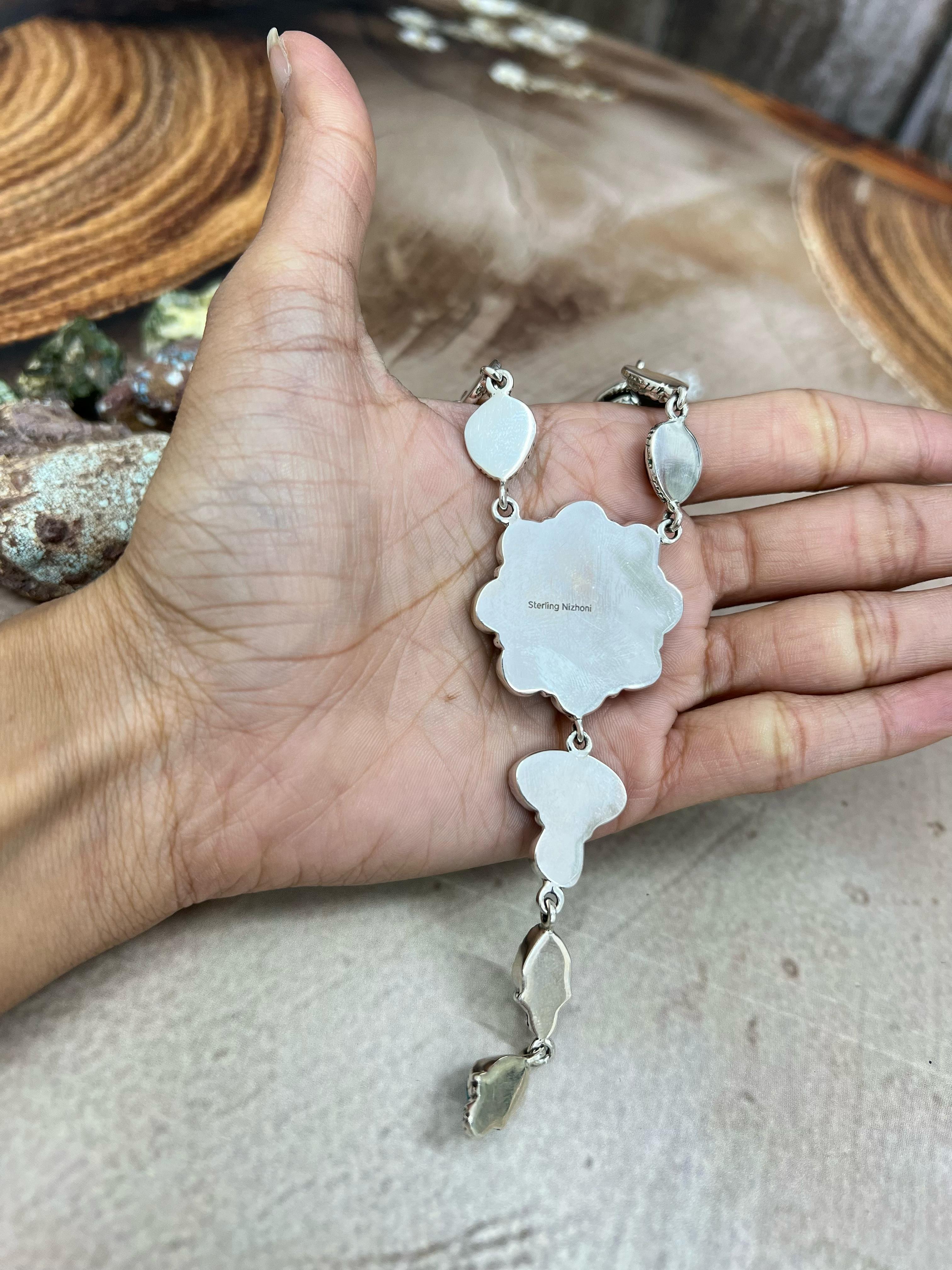 Handmade Sterling Silver Kingman with Chrysocolla White Buffalo Turquoise Necklace with Signed Nizhoni