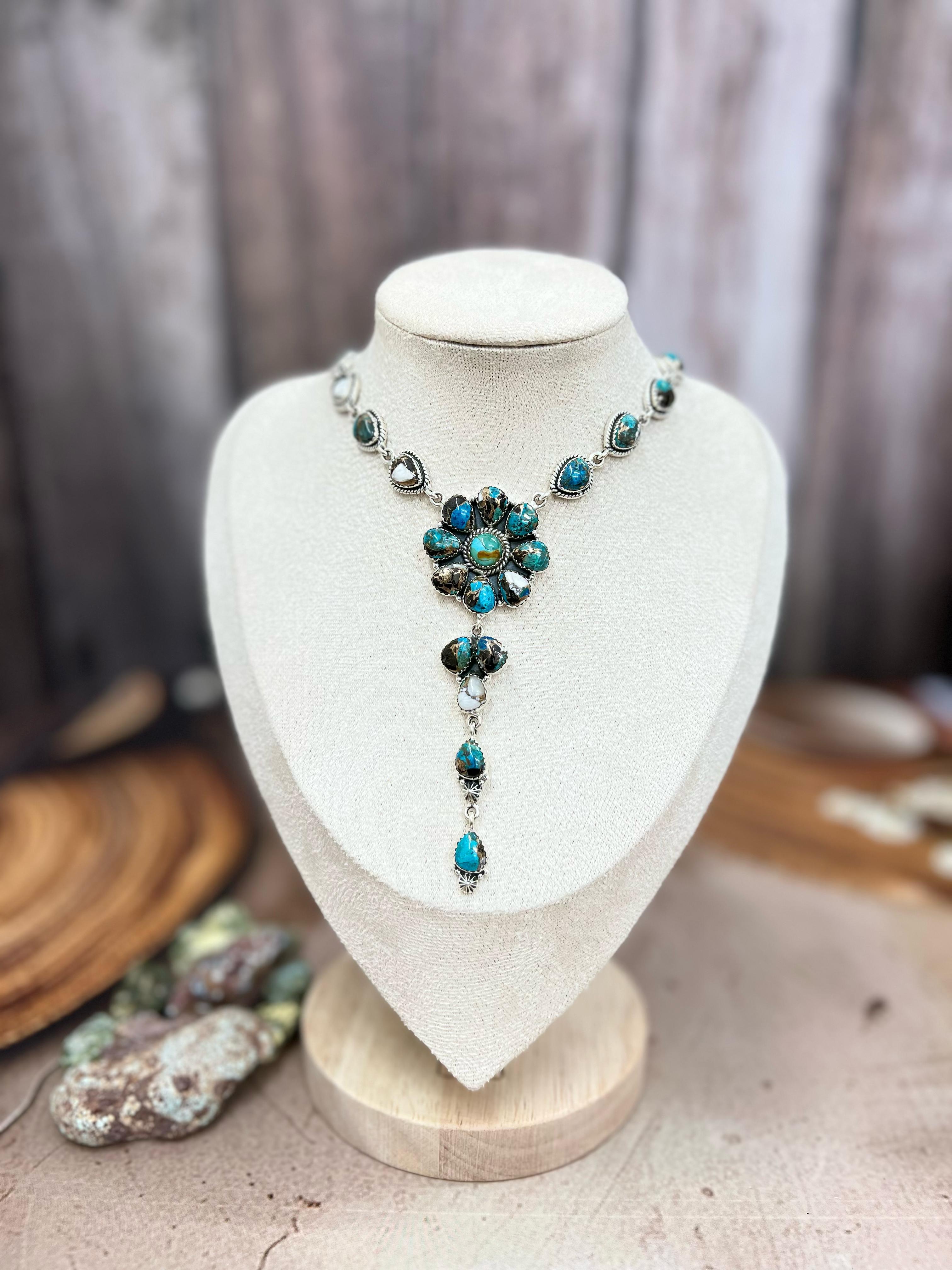 Handmade Sterling Silver Kingman with Chrysocolla White Buffalo Turquoise Necklace with Signed Nizhoni