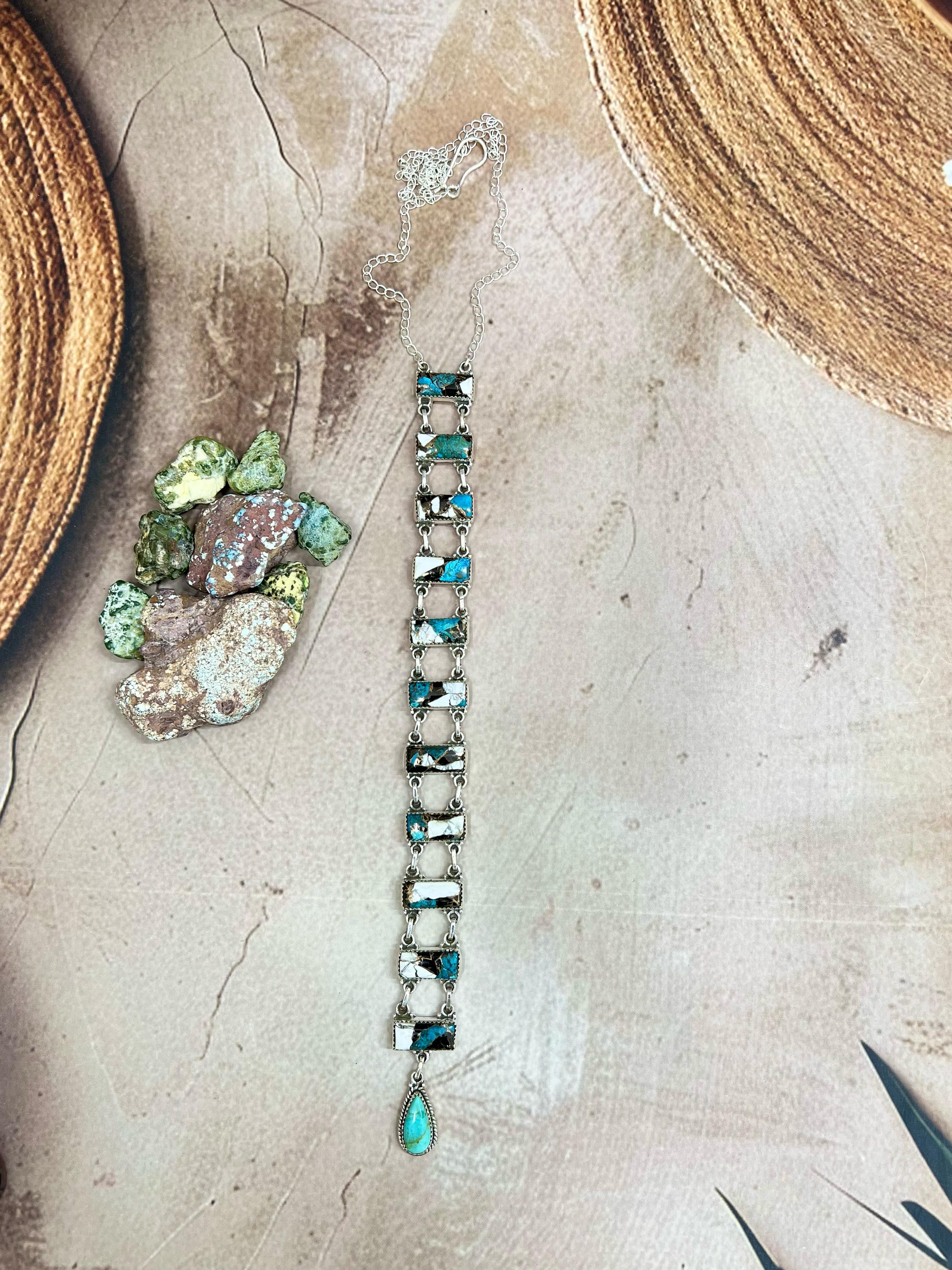 Handmade Sterling Silver Kingman with Chrysocolla White Buffalo Turquoise Necklace with Signed Nizhoni