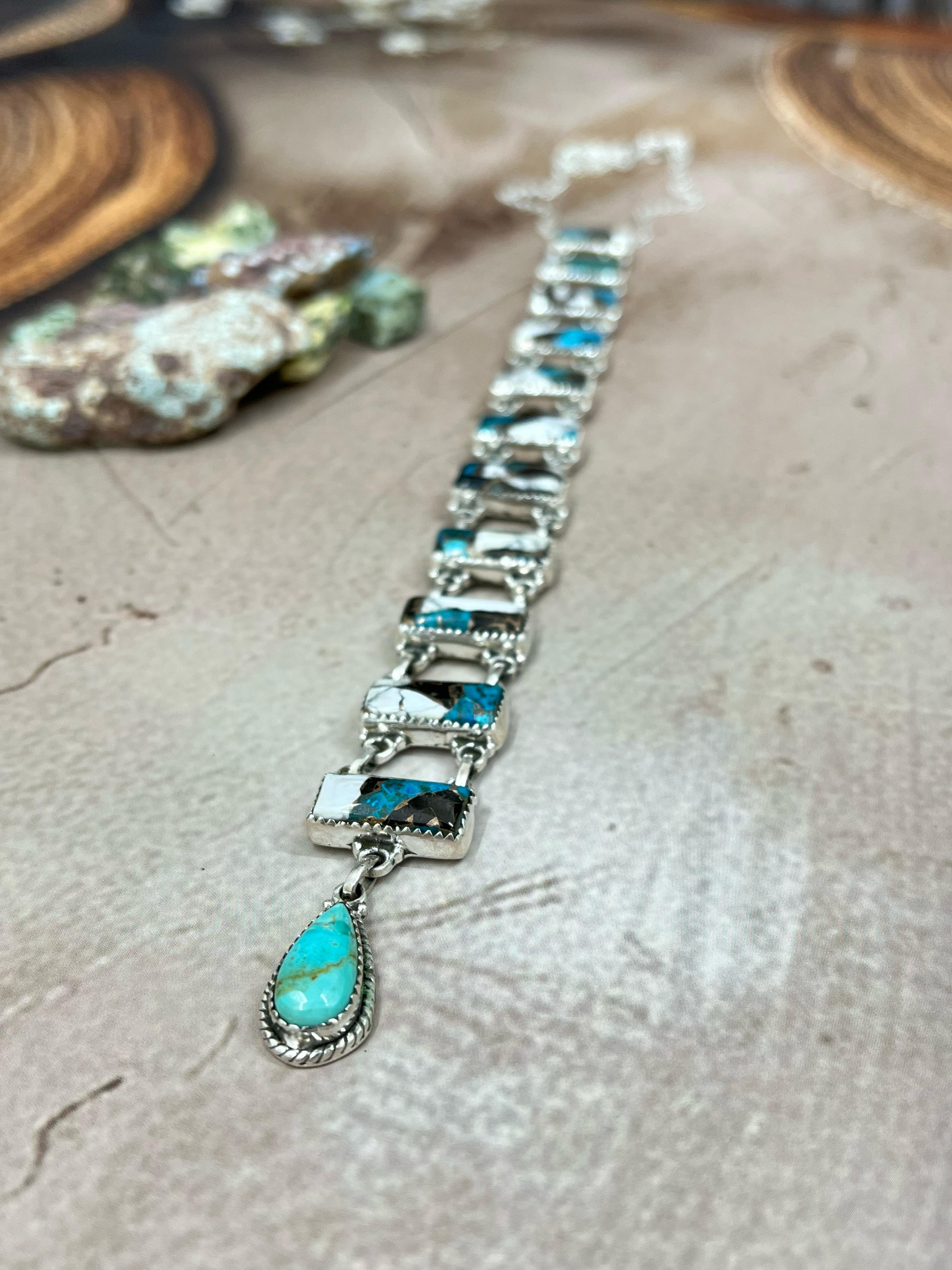 Handmade Sterling Silver Kingman with Chrysocolla White Buffalo Turquoise Necklace with Signed Nizhoni