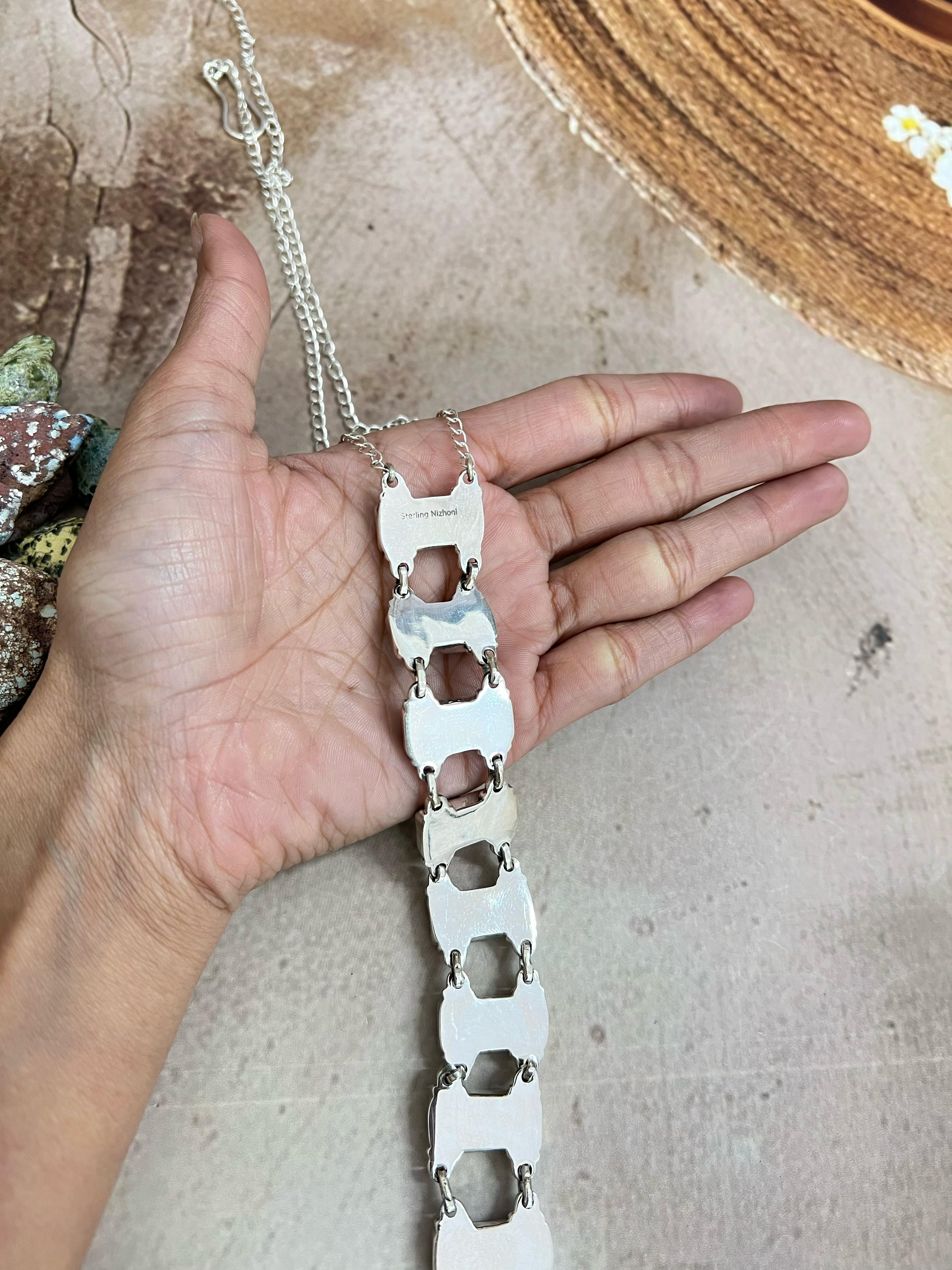 Handmade Sterling Silver Kingman with Chrysocolla White Buffalo Turquoise Necklace with Signed Nizhoni