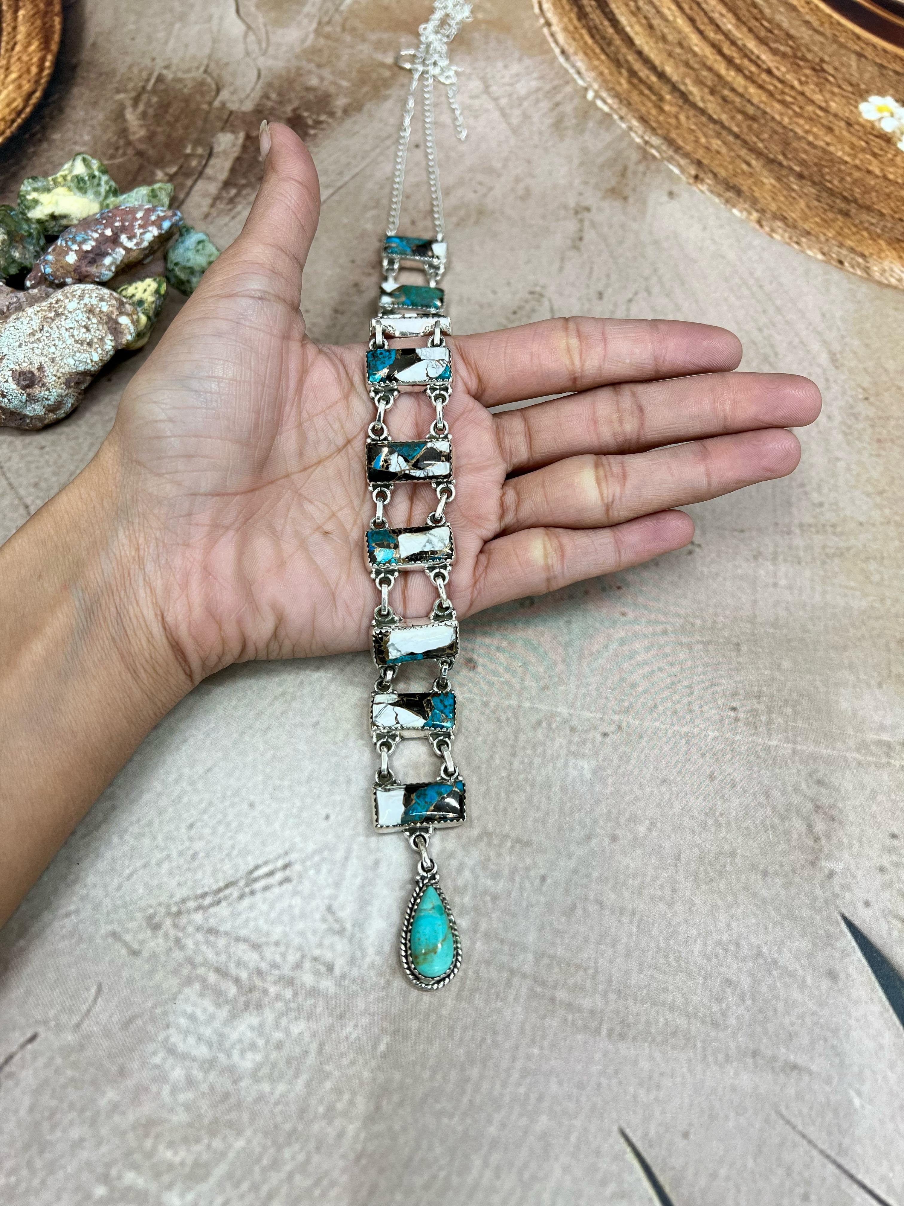 Handmade Sterling Silver Kingman with Chrysocolla White Buffalo Turquoise Necklace with Signed Nizhoni