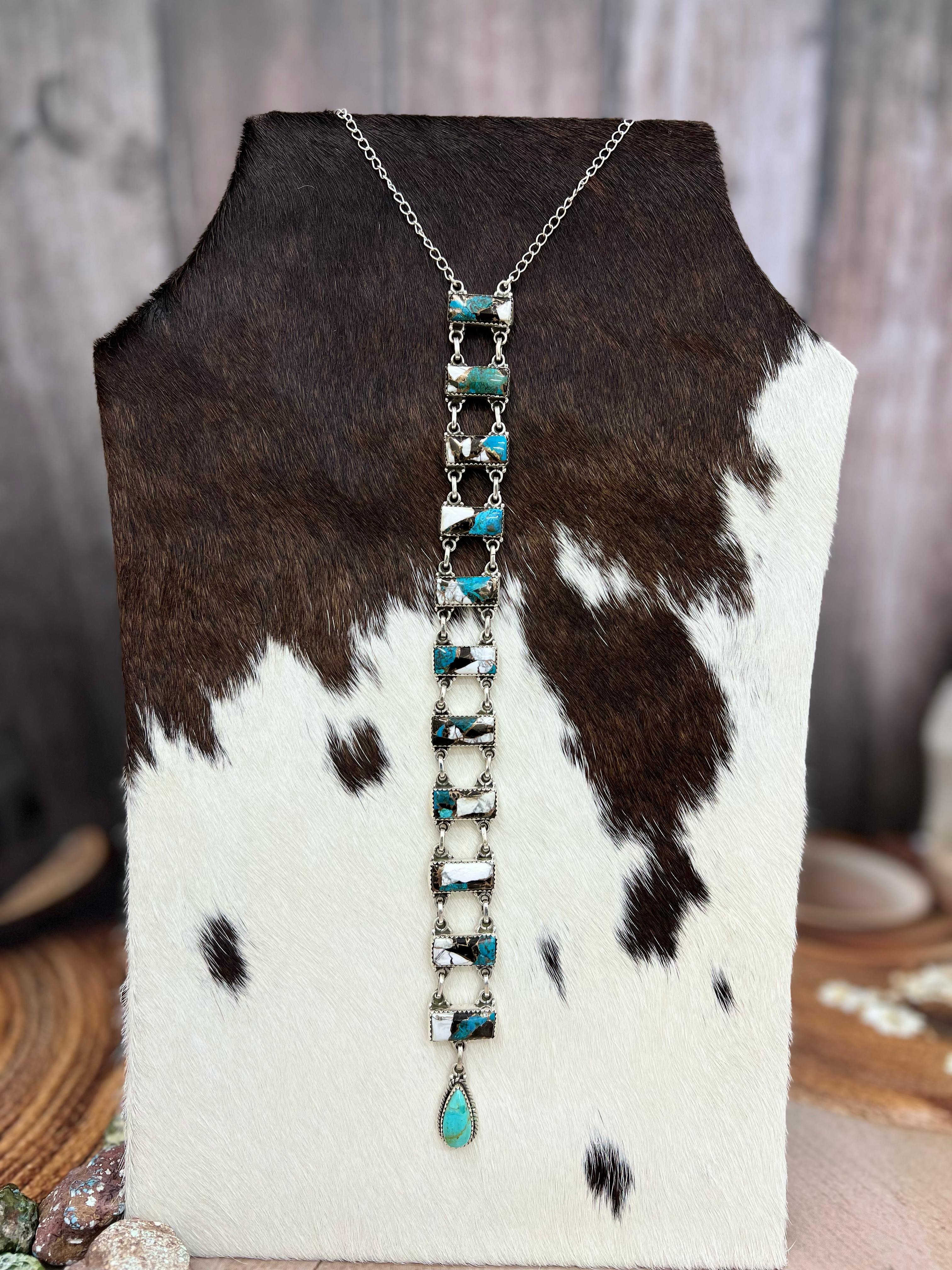 Handmade Sterling Silver Kingman with Chrysocolla White Buffalo Turquoise Necklace with Signed Nizhoni
