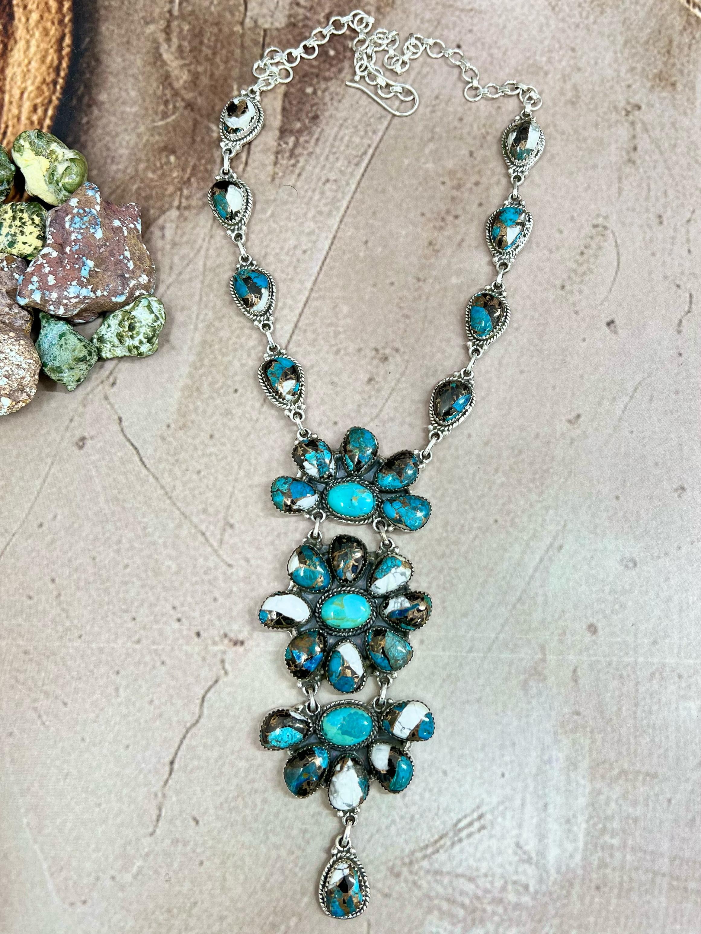 Handmade Sterling Silver Kingman with Chrysocolla White Buffalo Turquoise Necklace with Signed Nizhoni