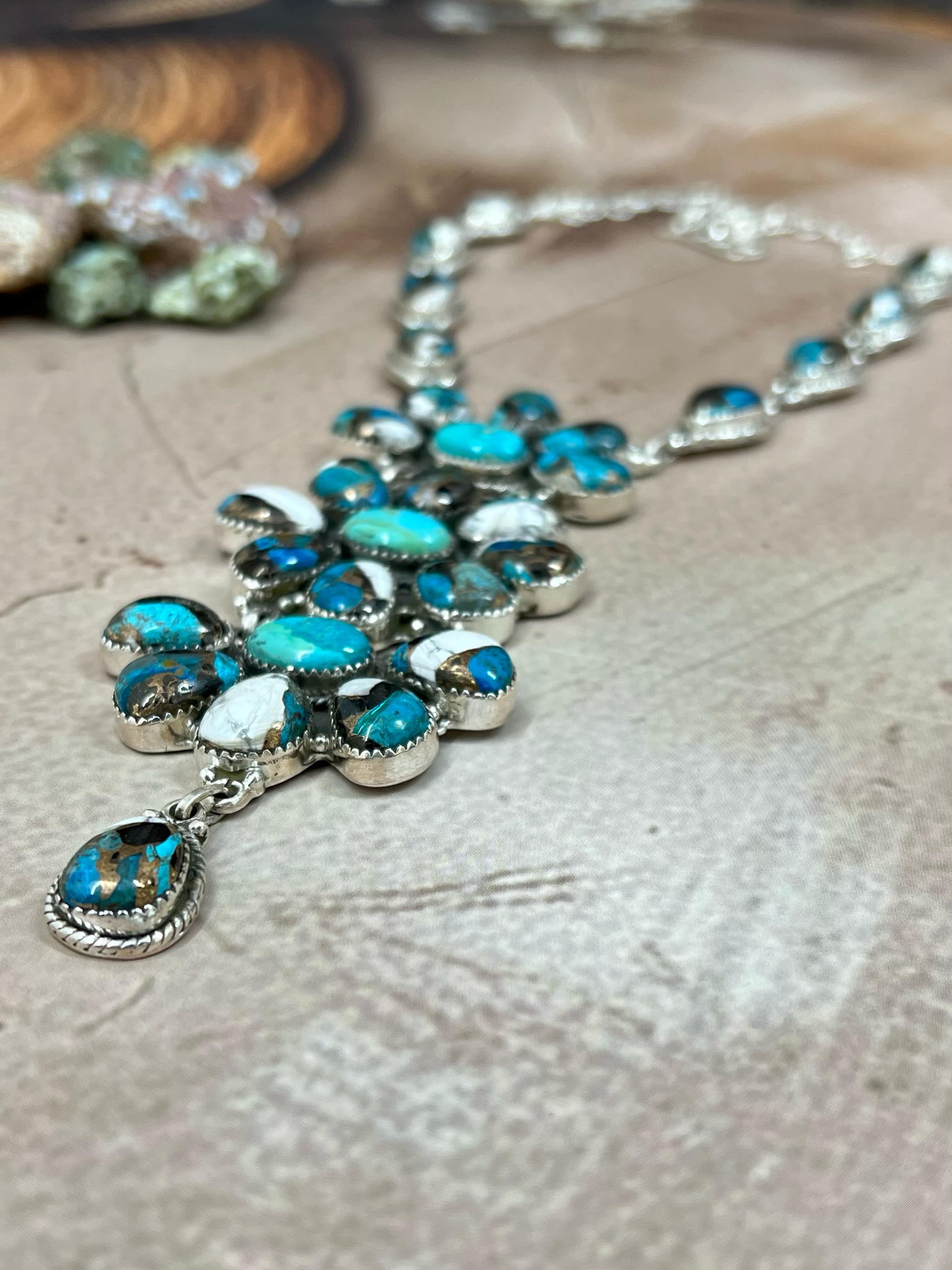 Handmade Sterling Silver Kingman with Chrysocolla White Buffalo Turquoise Necklace with Signed Nizhoni