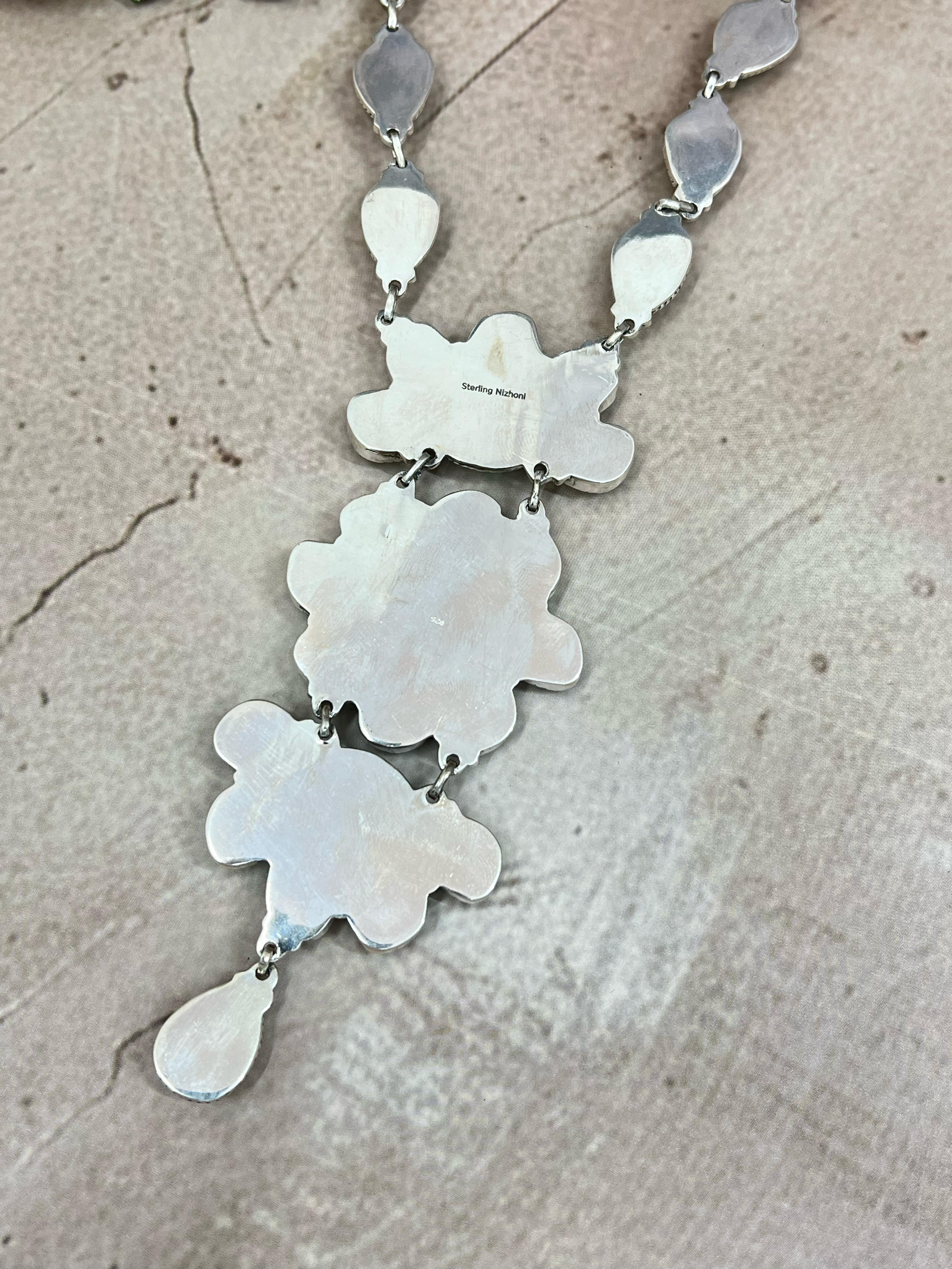 Handmade Sterling Silver Kingman with Chrysocolla White Buffalo Turquoise Necklace with Signed Nizhoni