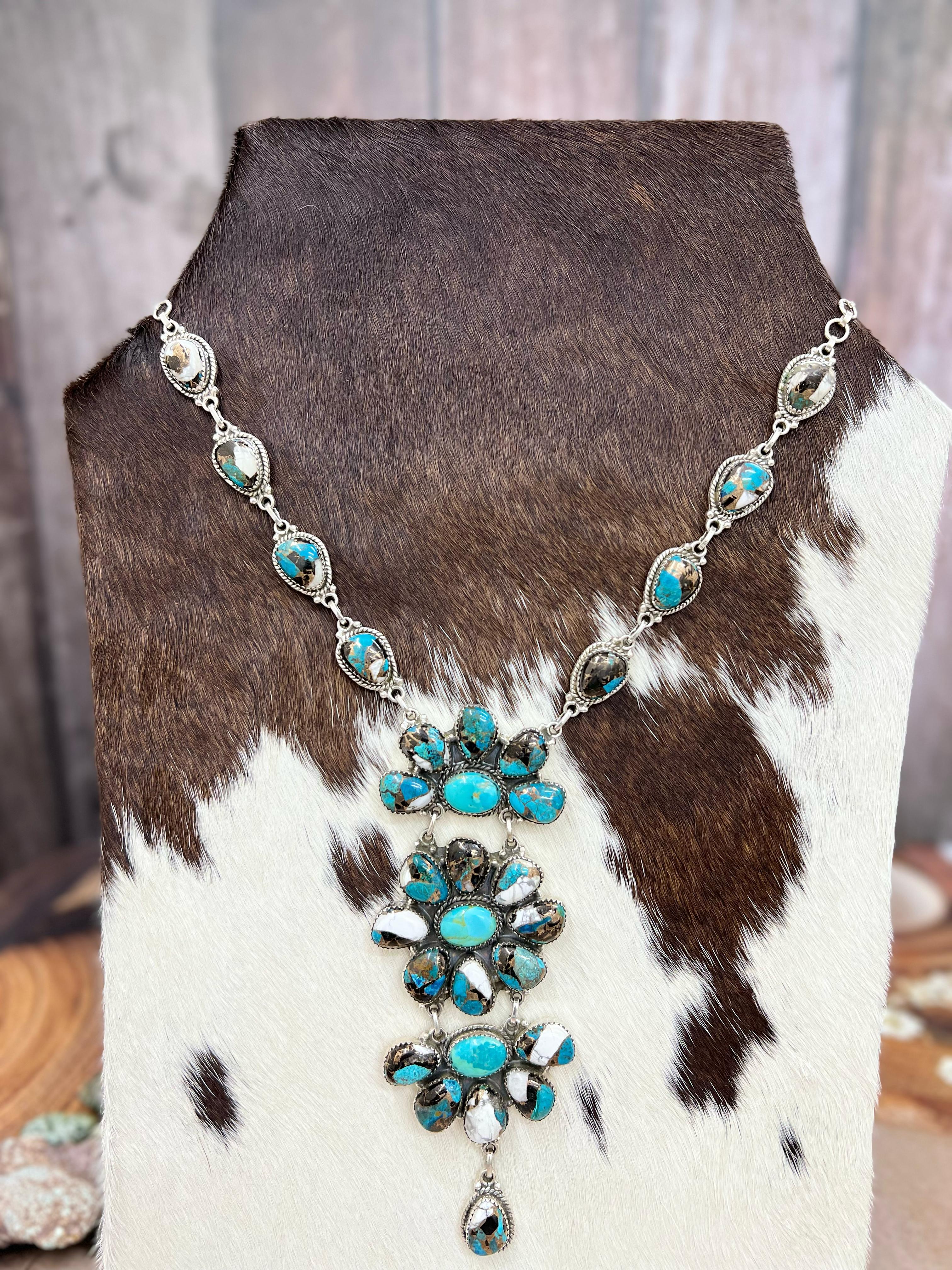 Handmade Sterling Silver Kingman with Chrysocolla White Buffalo Turquoise Necklace with Signed Nizhoni