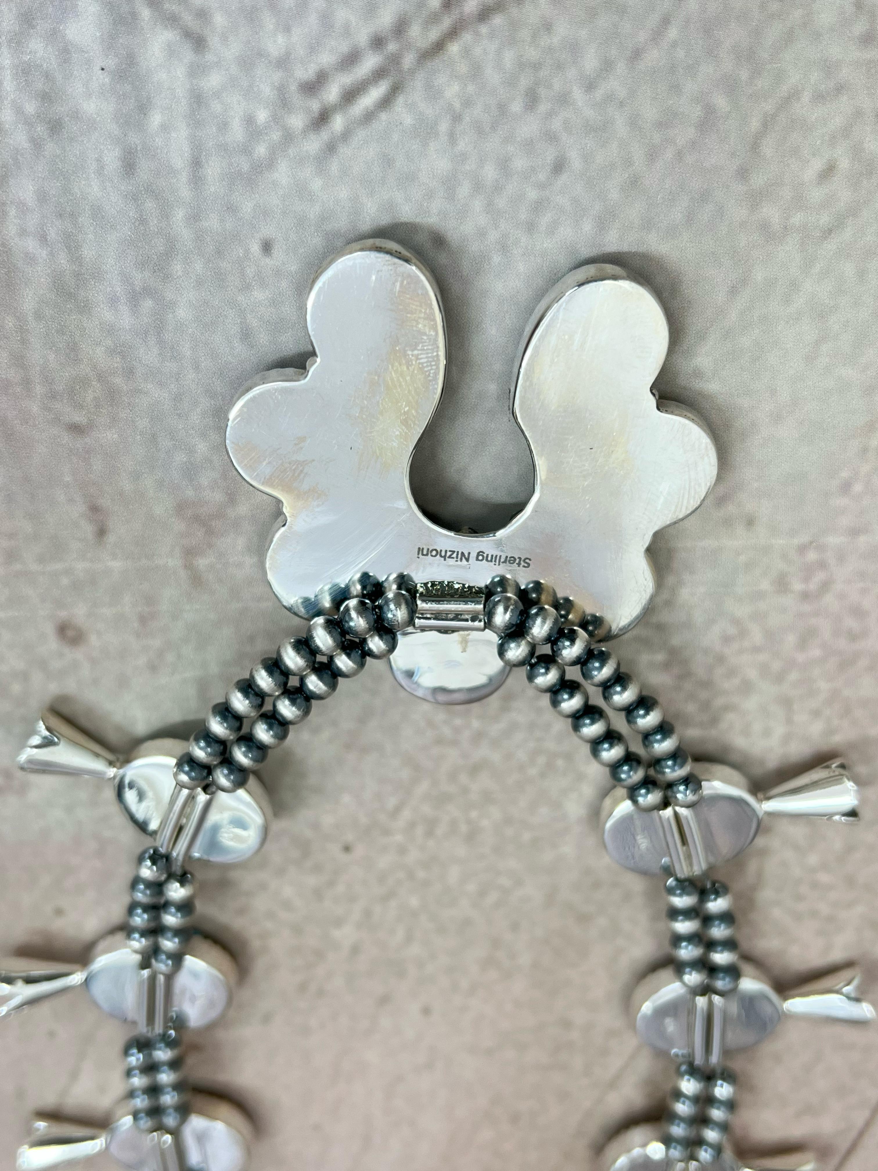 Handmade Sterling Silver Chrysocolla White Buffalo Turquoise Necklace with Signed Nizhoni