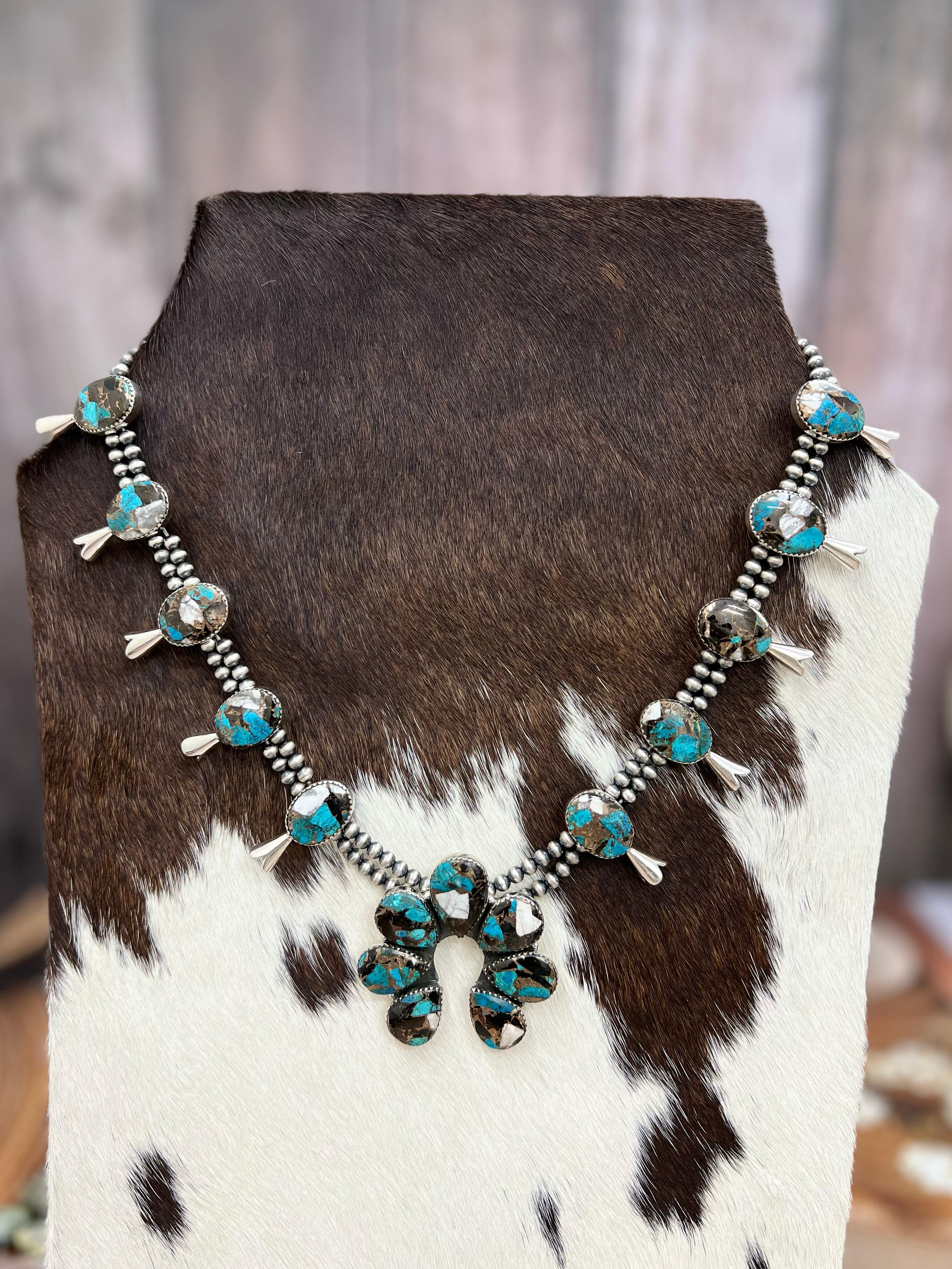 Handmade Sterling Silver Chrysocolla White Buffalo Turquoise Necklace with Signed Nizhoni