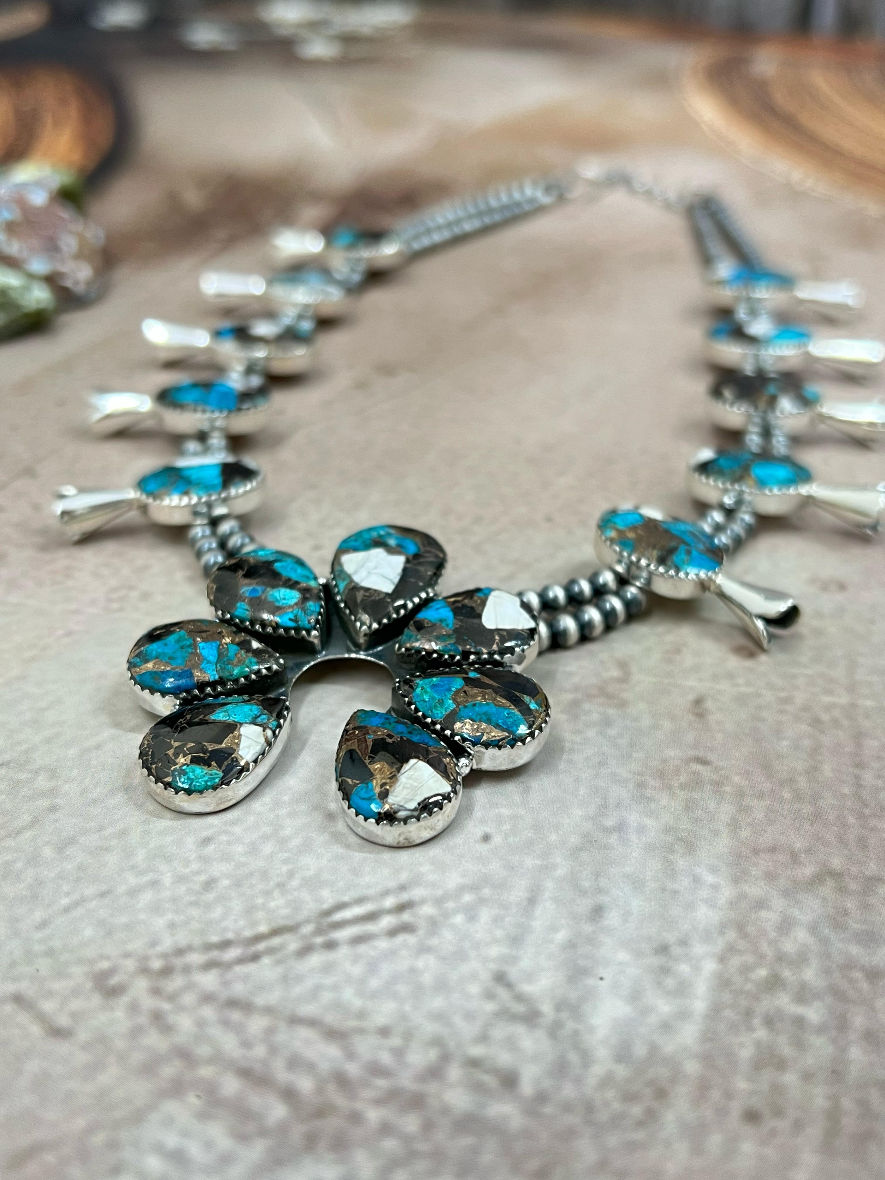 Handmade Sterling Silver Chrysocolla White Buffalo Turquoise Necklace with Signed Nizhoni