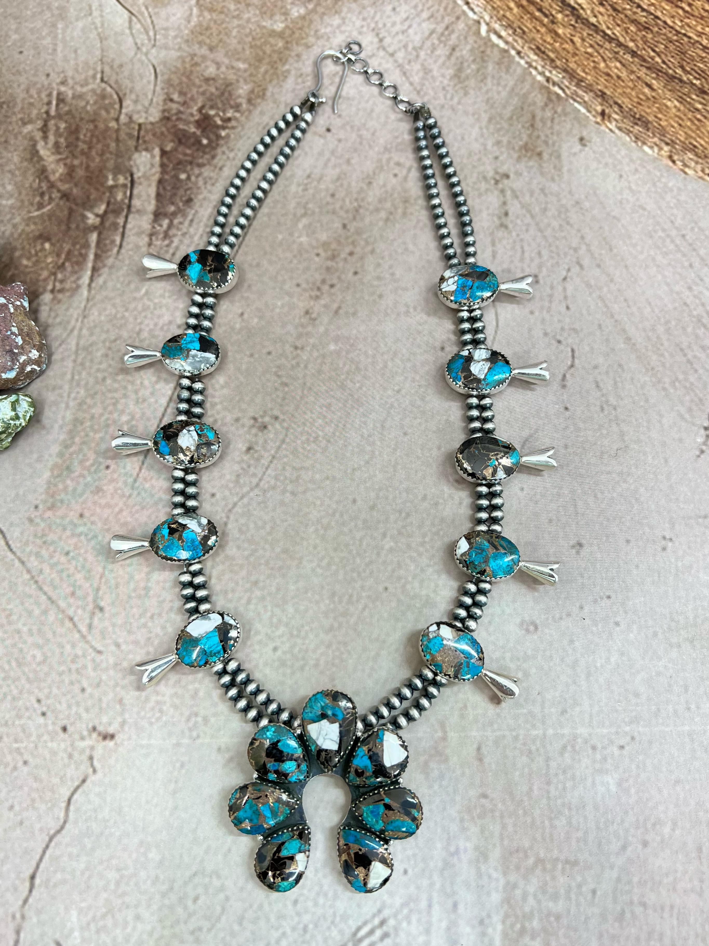 Handmade Sterling Silver Chrysocolla White Buffalo Turquoise Necklace with Signed Nizhoni