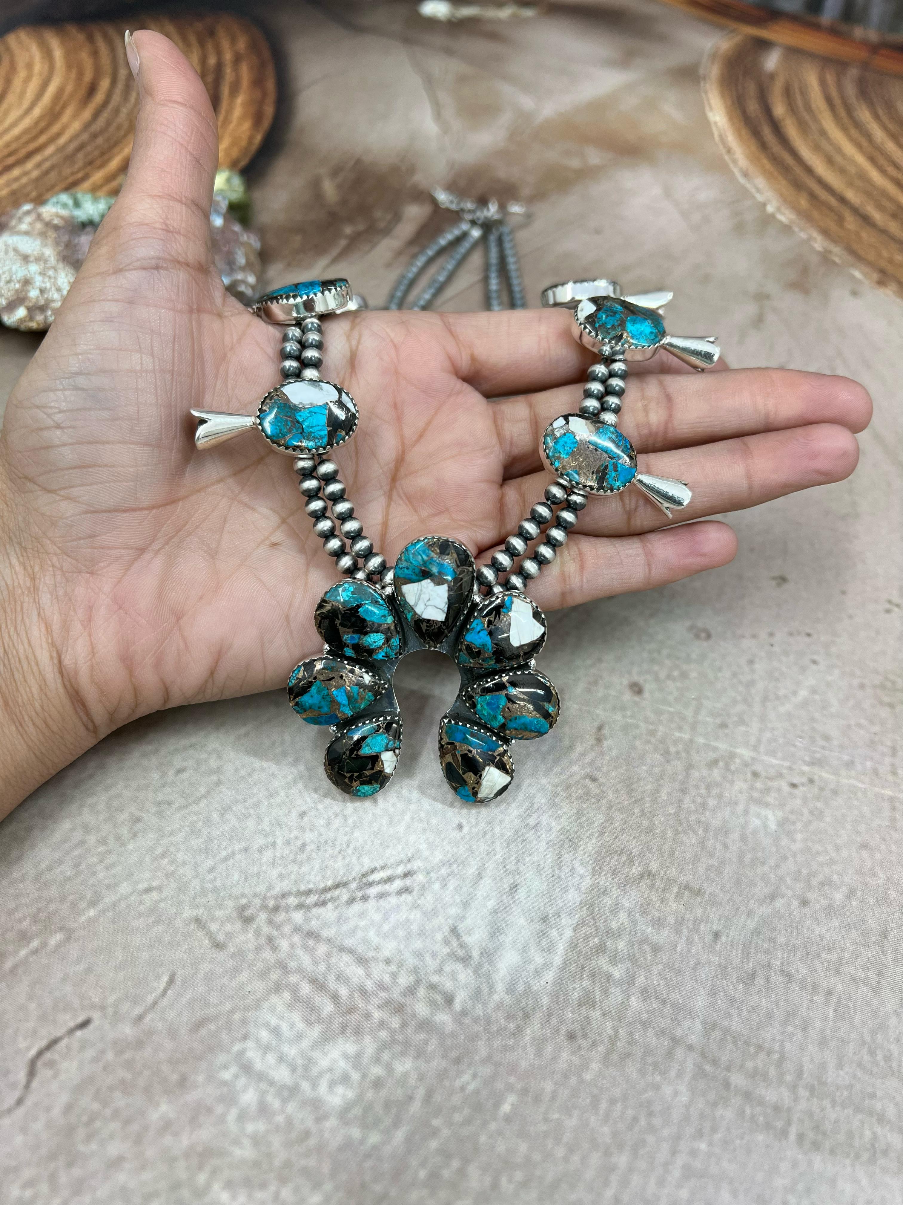 Handmade Sterling Silver Chrysocolla White Buffalo Turquoise Necklace with Signed Nizhoni