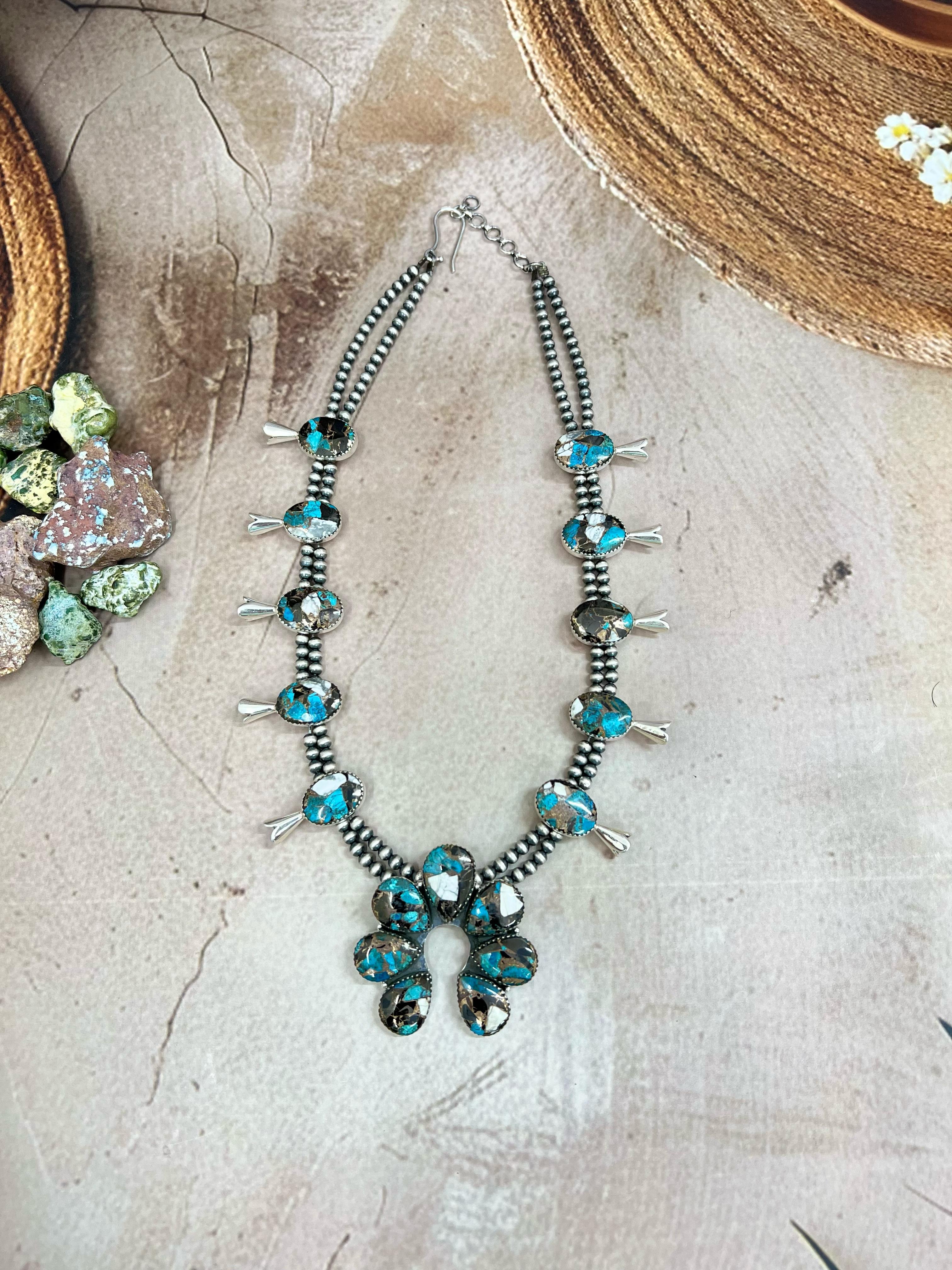 Handmade Sterling Silver Chrysocolla White Buffalo Turquoise Necklace with Signed Nizhoni