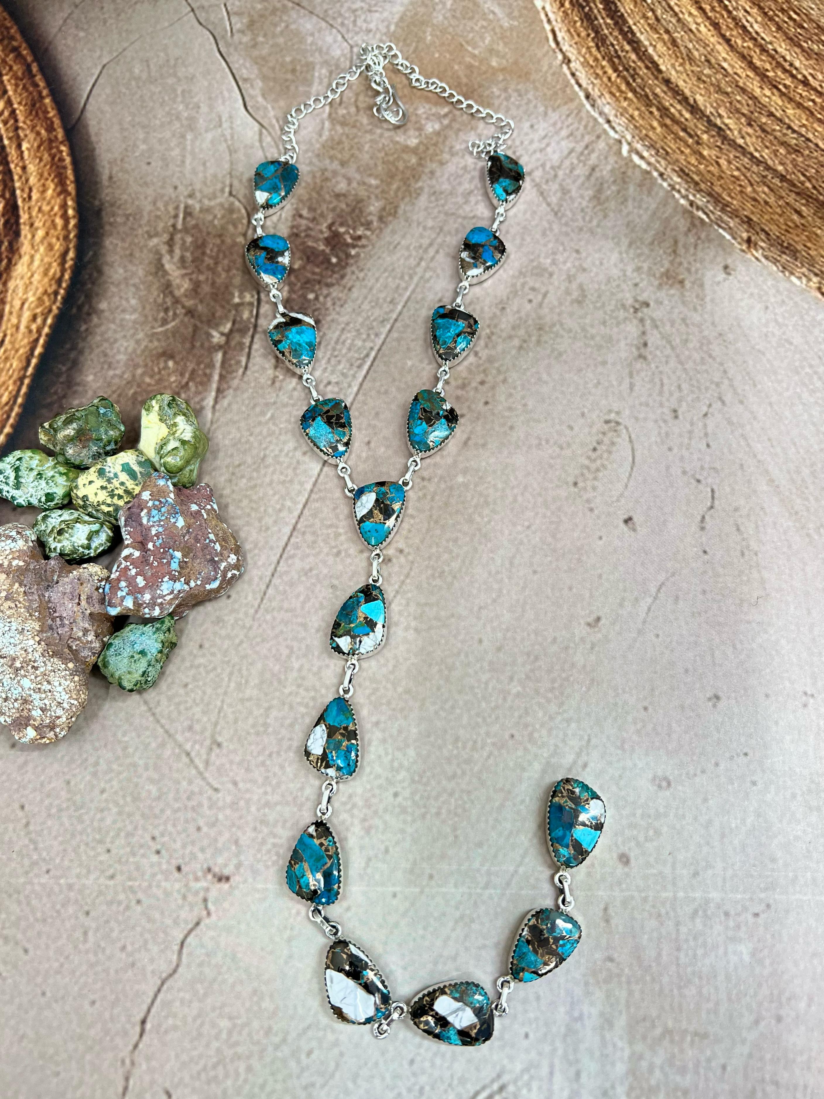 Handmade Sterling Silver Chrysocolla White Buffalo Turquoise Necklace with Signed Nizhoni