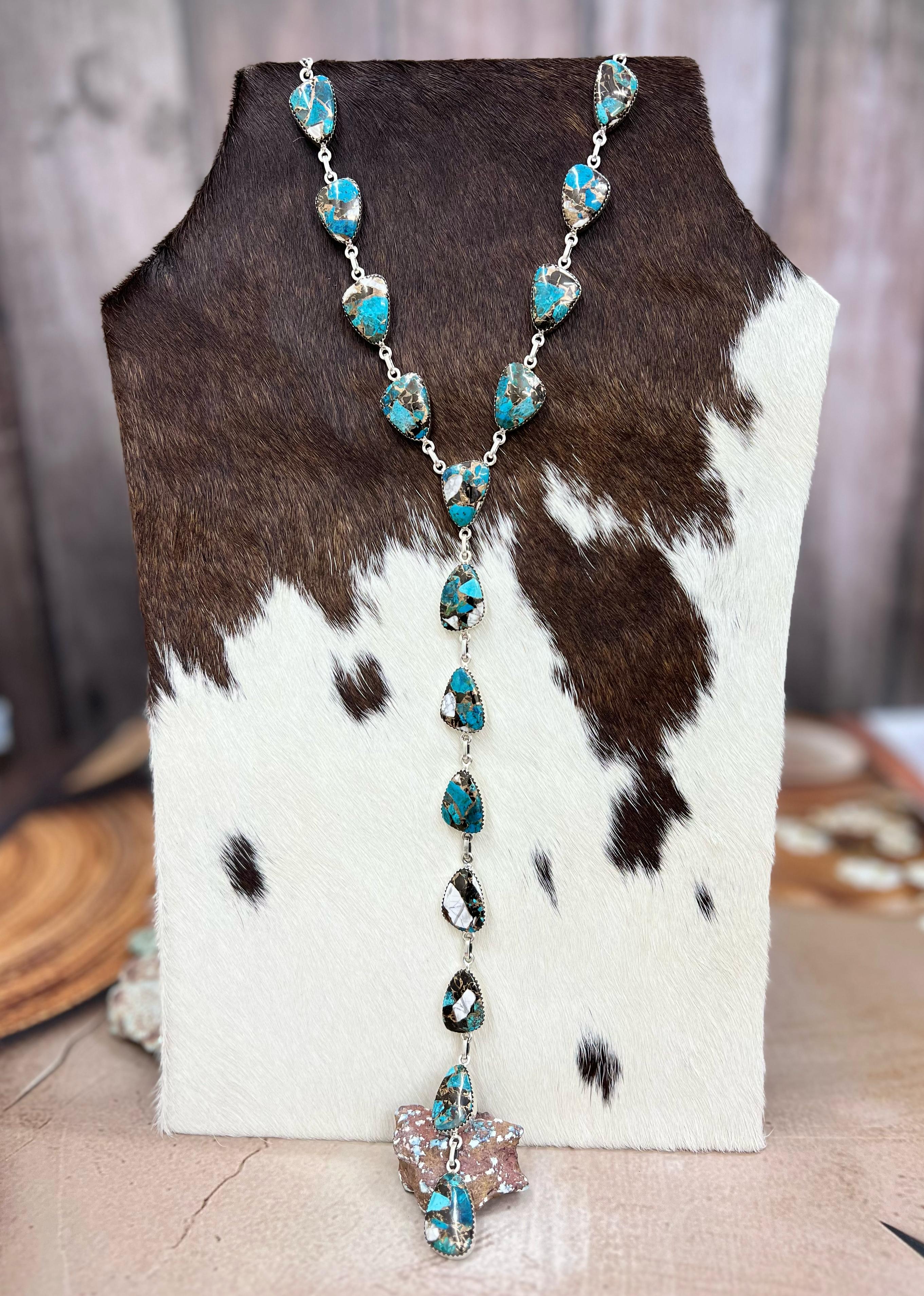 Handmade Sterling Silver Chrysocolla White Buffalo Turquoise Necklace with Signed Nizhoni