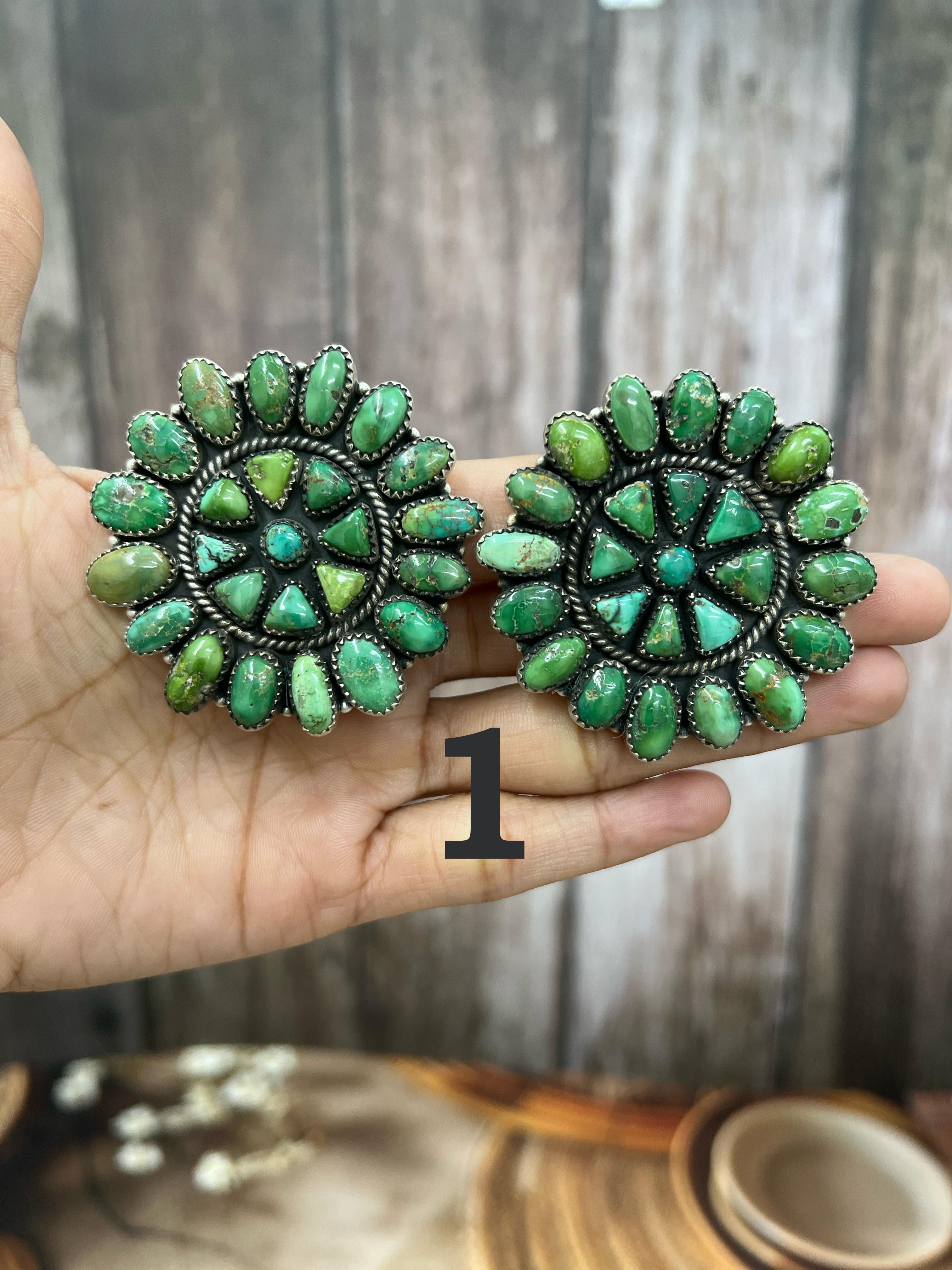 Handmade Sterling Silver Palomino, Sonoran Mountain Turquoise Post Earrings with Signed Nizhoni