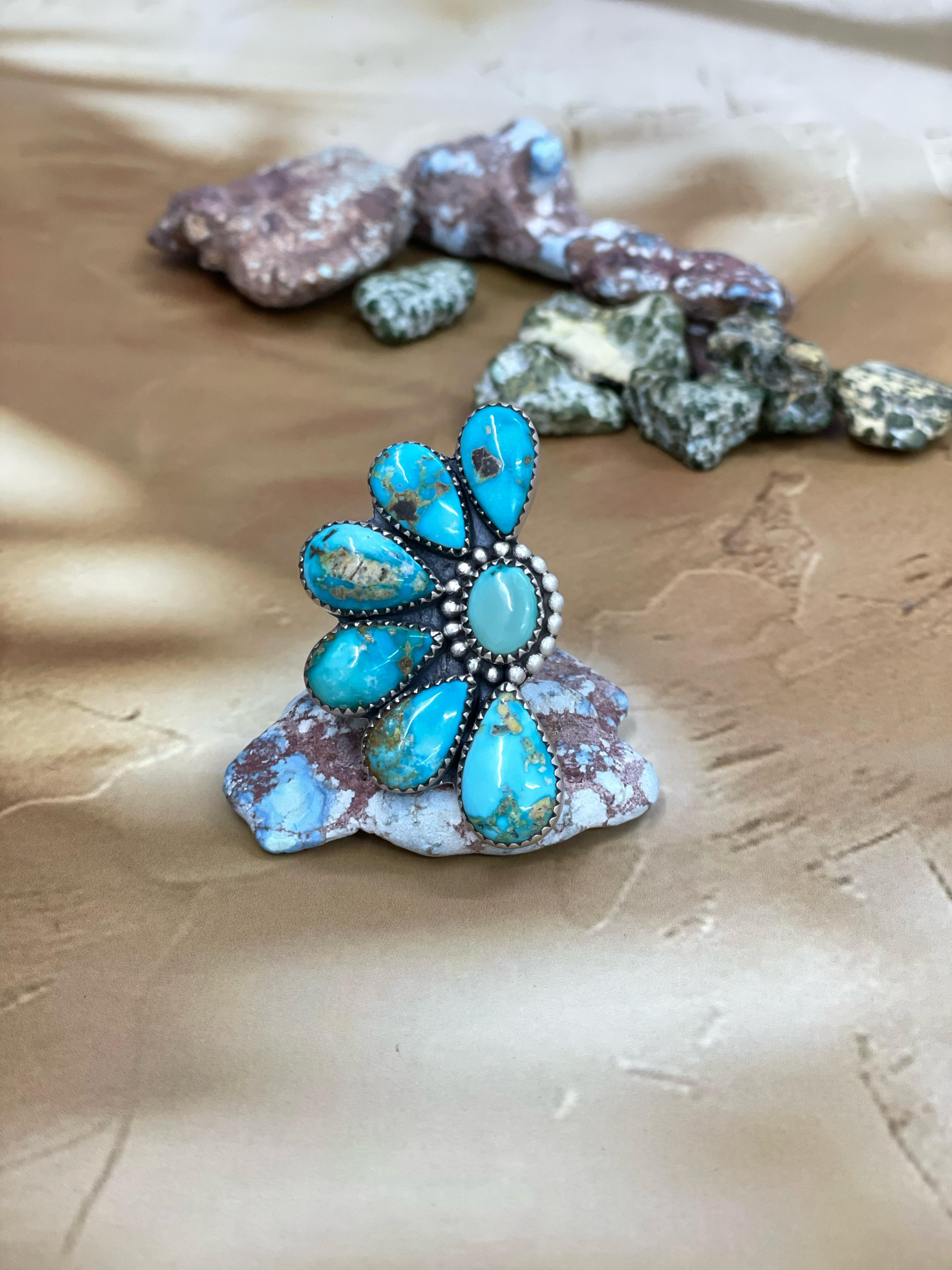 Handmade Sterling Silver South Hill Turquoise Adjustable Ring with Signed Nizhoni