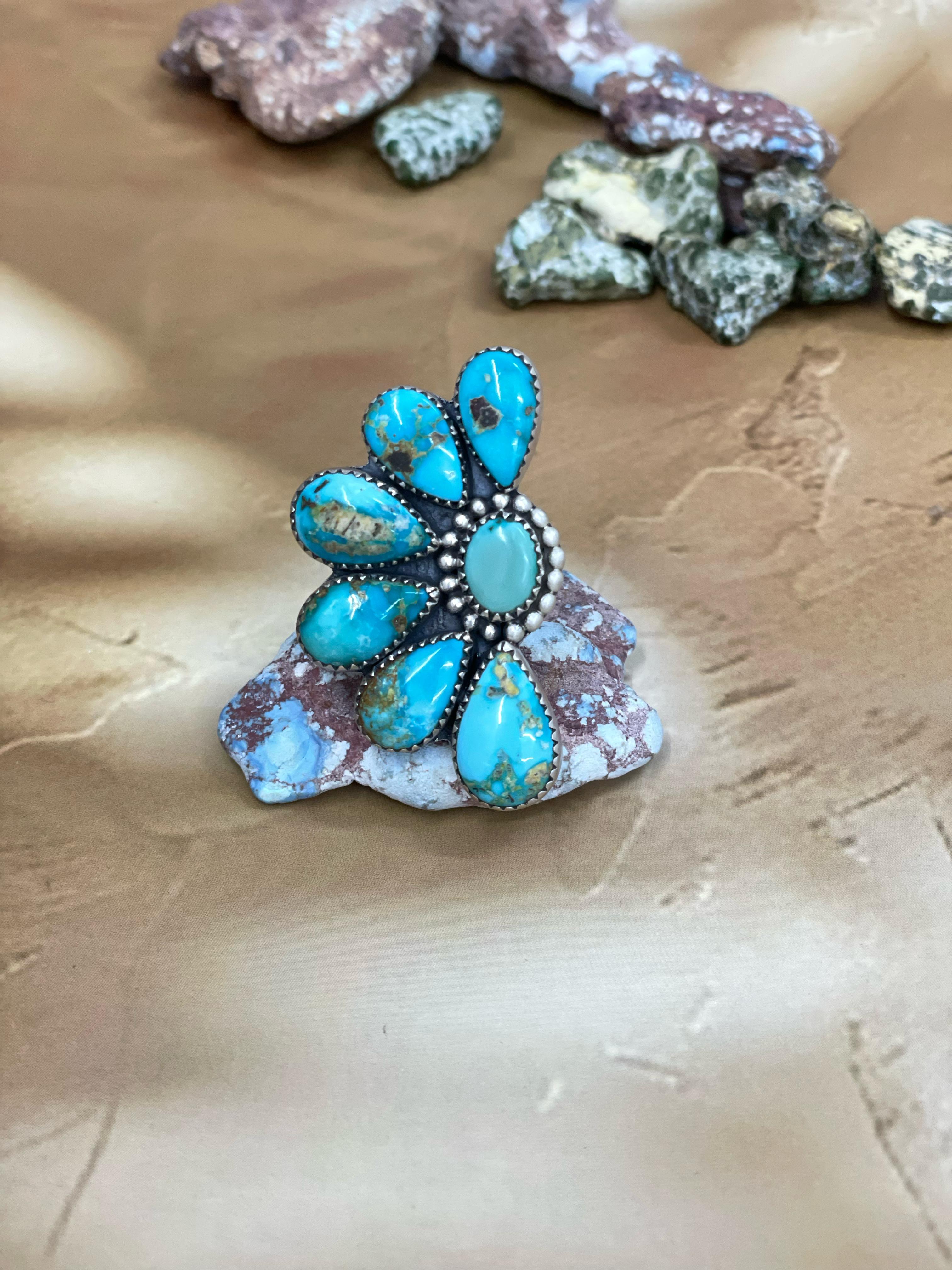 Handmade Sterling Silver South Hill Turquoise Adjustable Ring with Signed Nizhoni