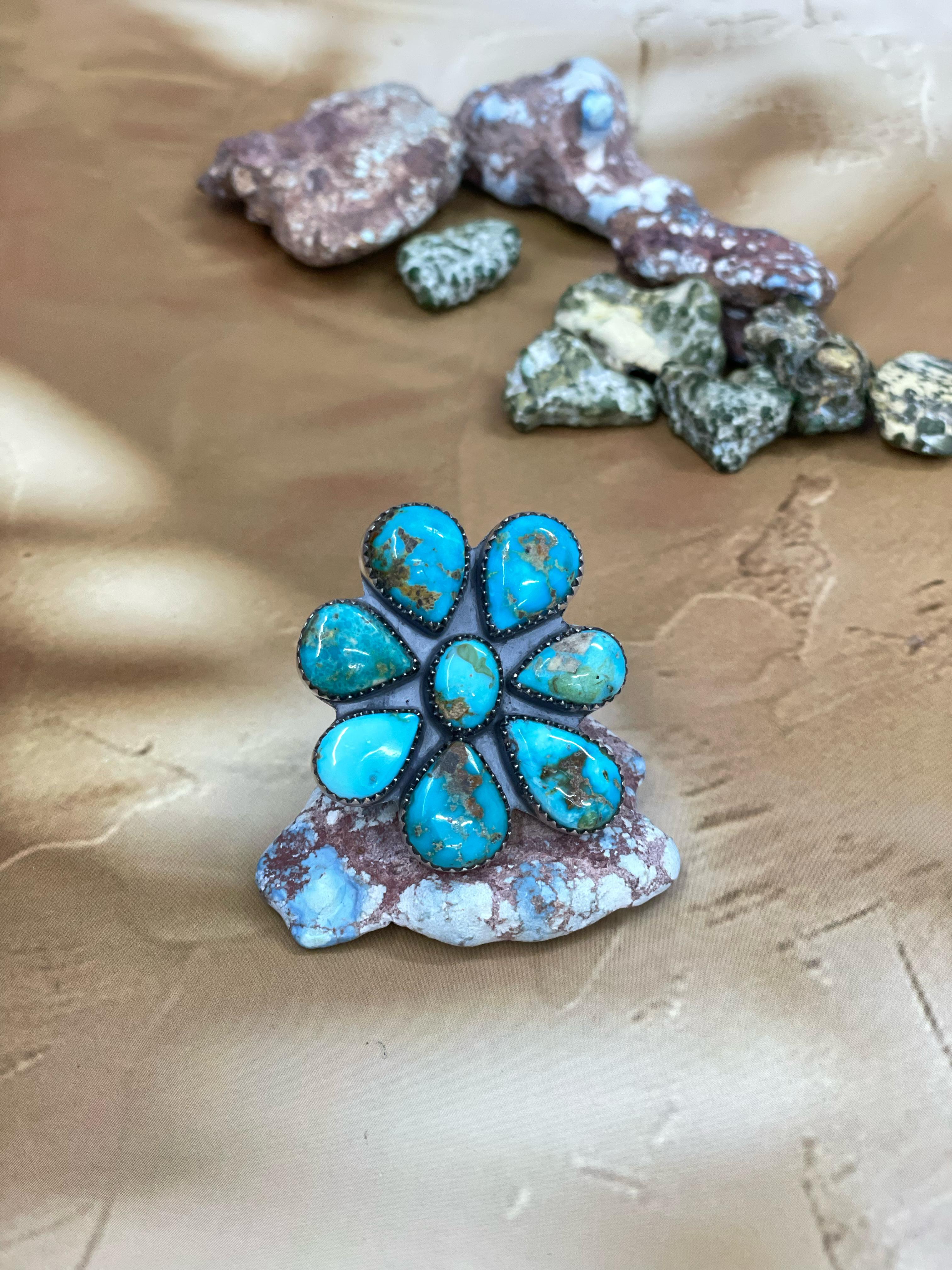 Handmade Sterling Silver South Hill Turquoise Adjustable Ring with Signed Nizhoni