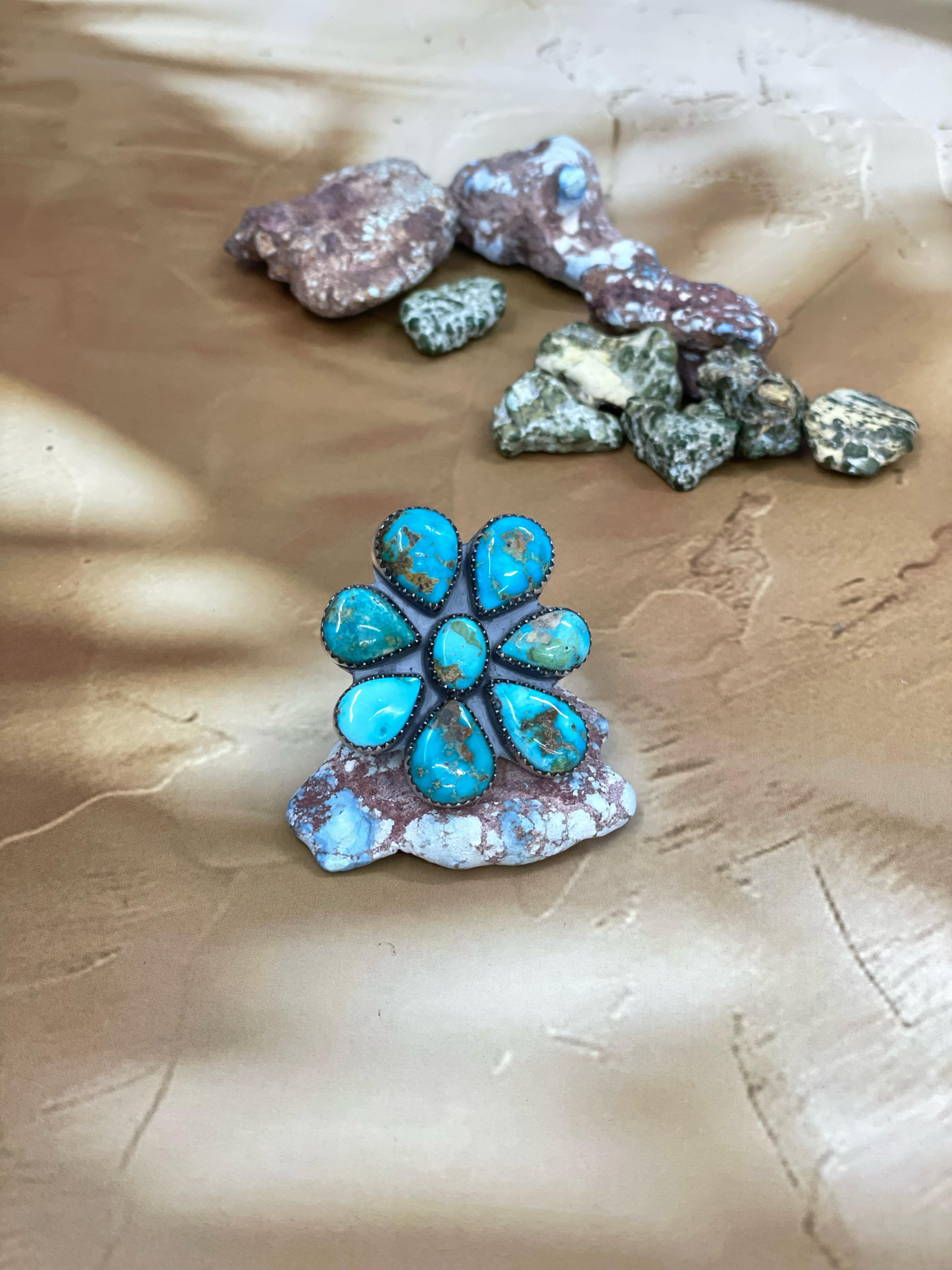 Handmade Sterling Silver South Hill Turquoise Adjustable Ring with Signed Nizhoni