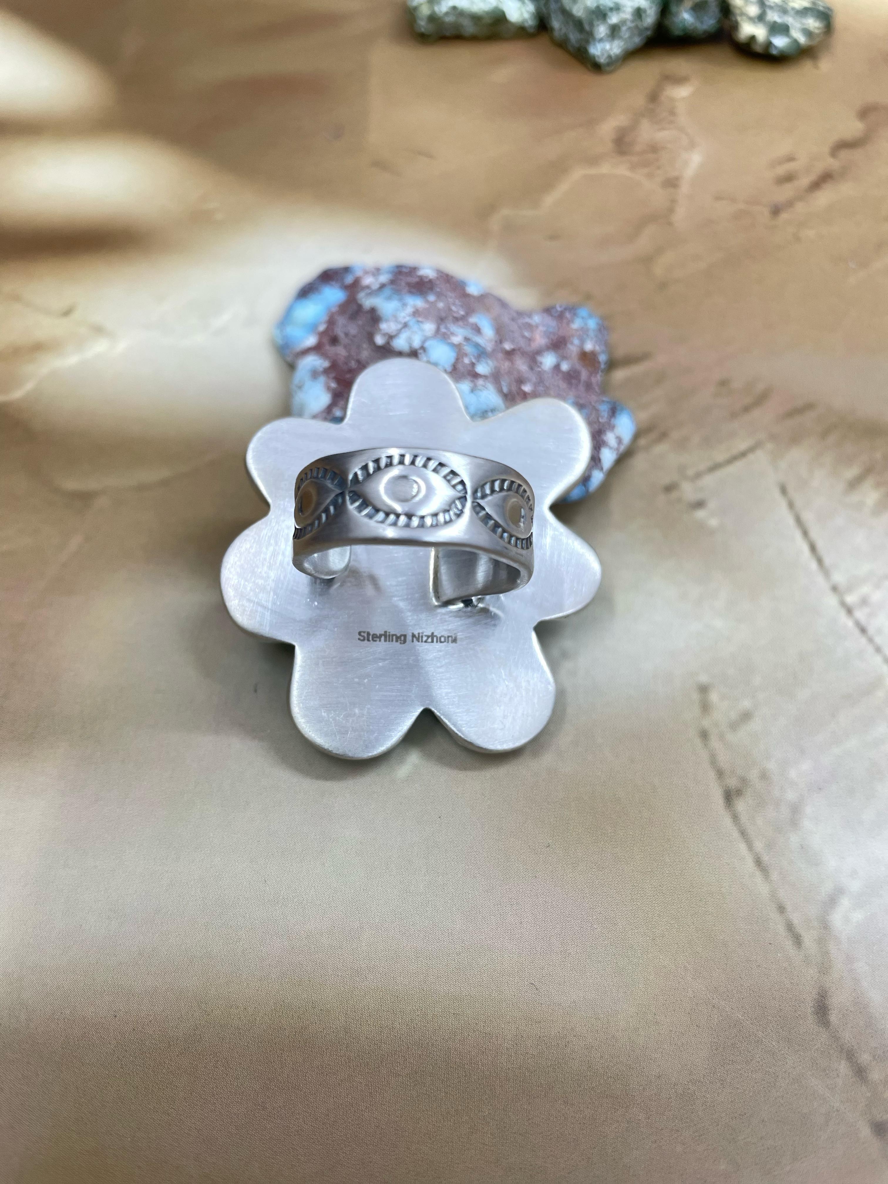 Handmade Sterling Silver South Hill Turquoise Adjustable Ring with Signed Nizhoni