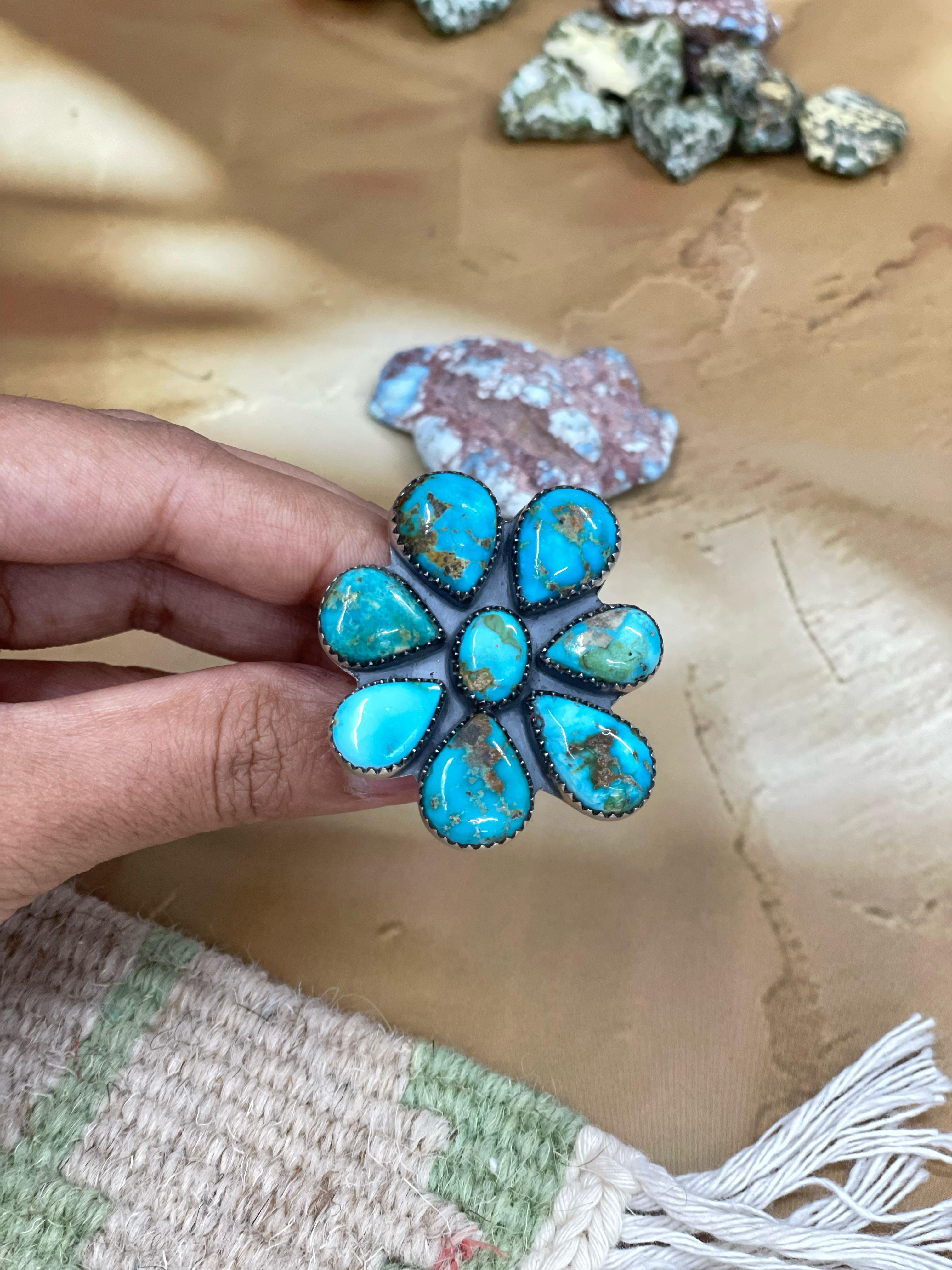 Handmade Sterling Silver South Hill Turquoise Adjustable Ring with Signed Nizhoni