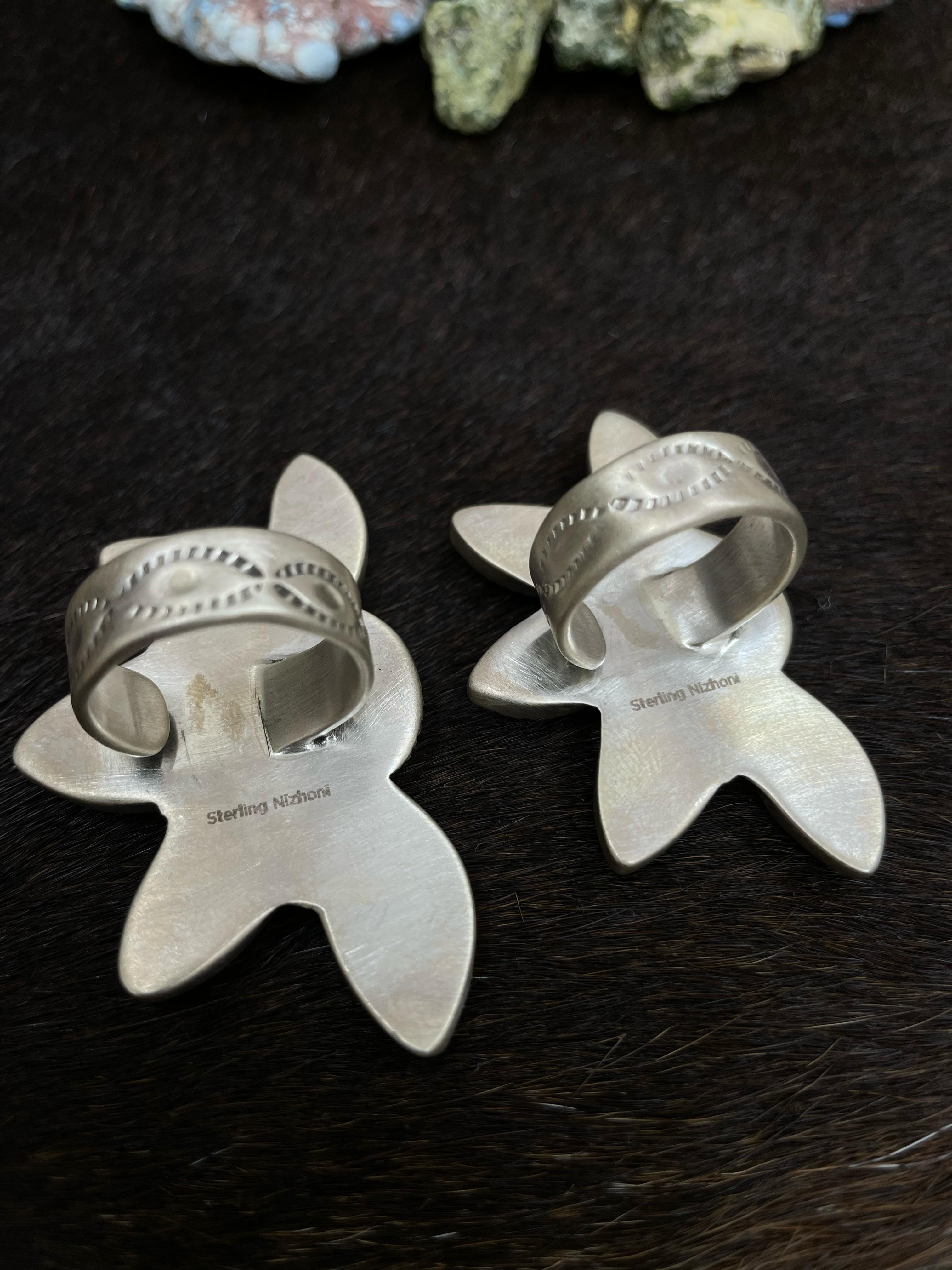 Handmade Sterling Silver South Hill Turquoise Adjustable Ring With Signed Nizhoni