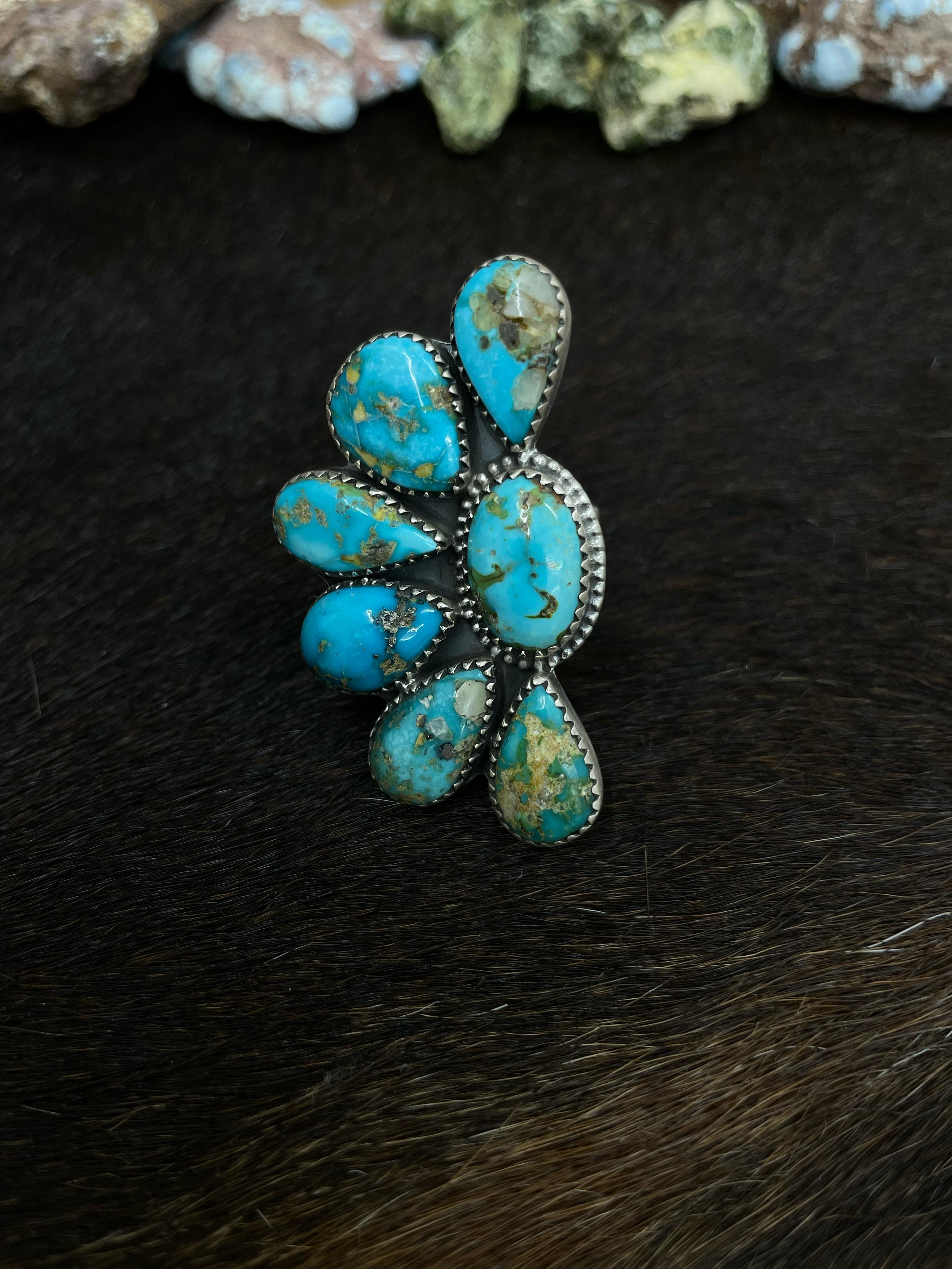 Handmade Sterling Silver South Hill Turquoise Adjustable Ring with Signed Nizhoni