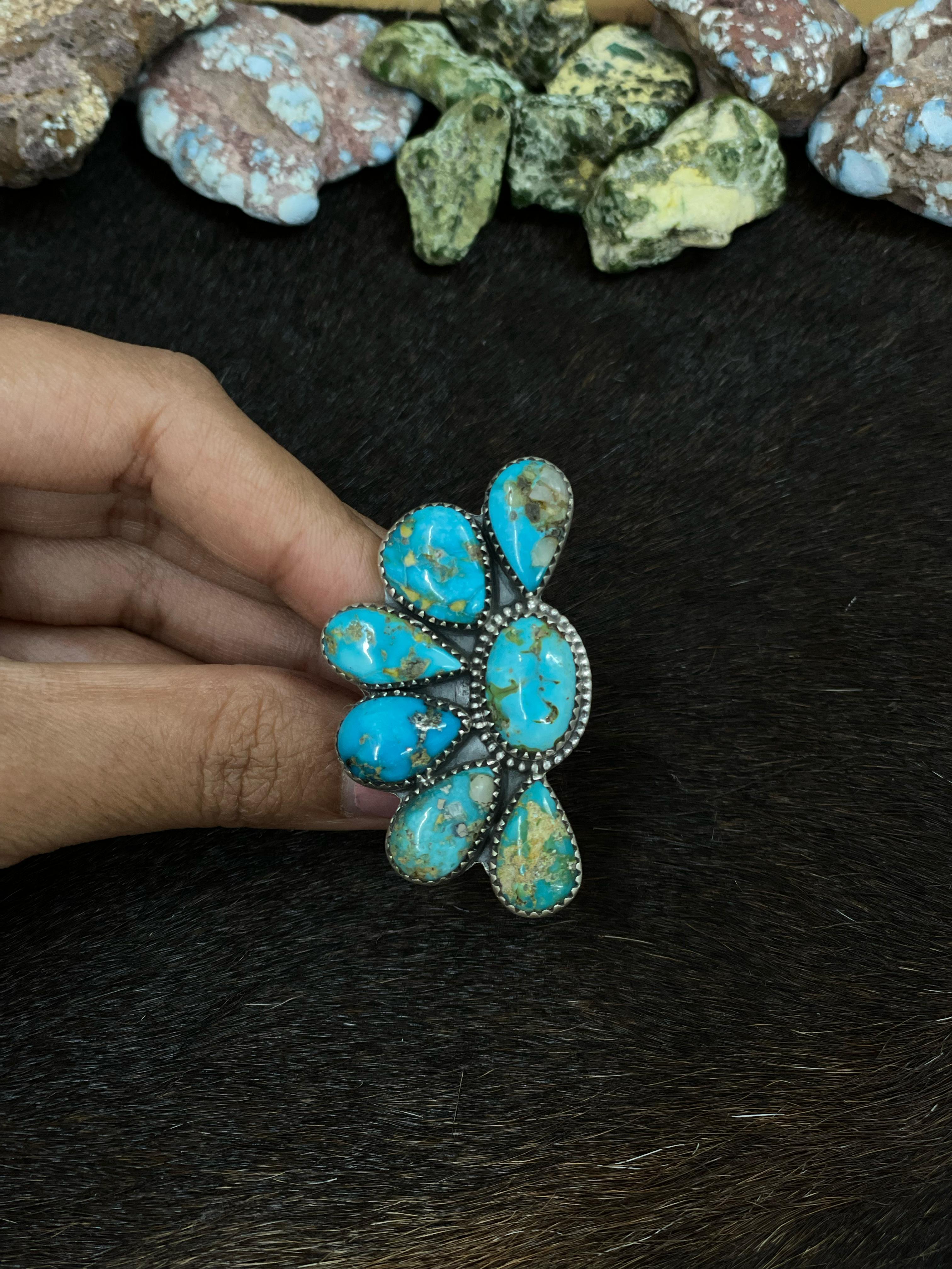 Handmade Sterling Silver South Hill Turquoise Adjustable Ring with Signed Nizhoni