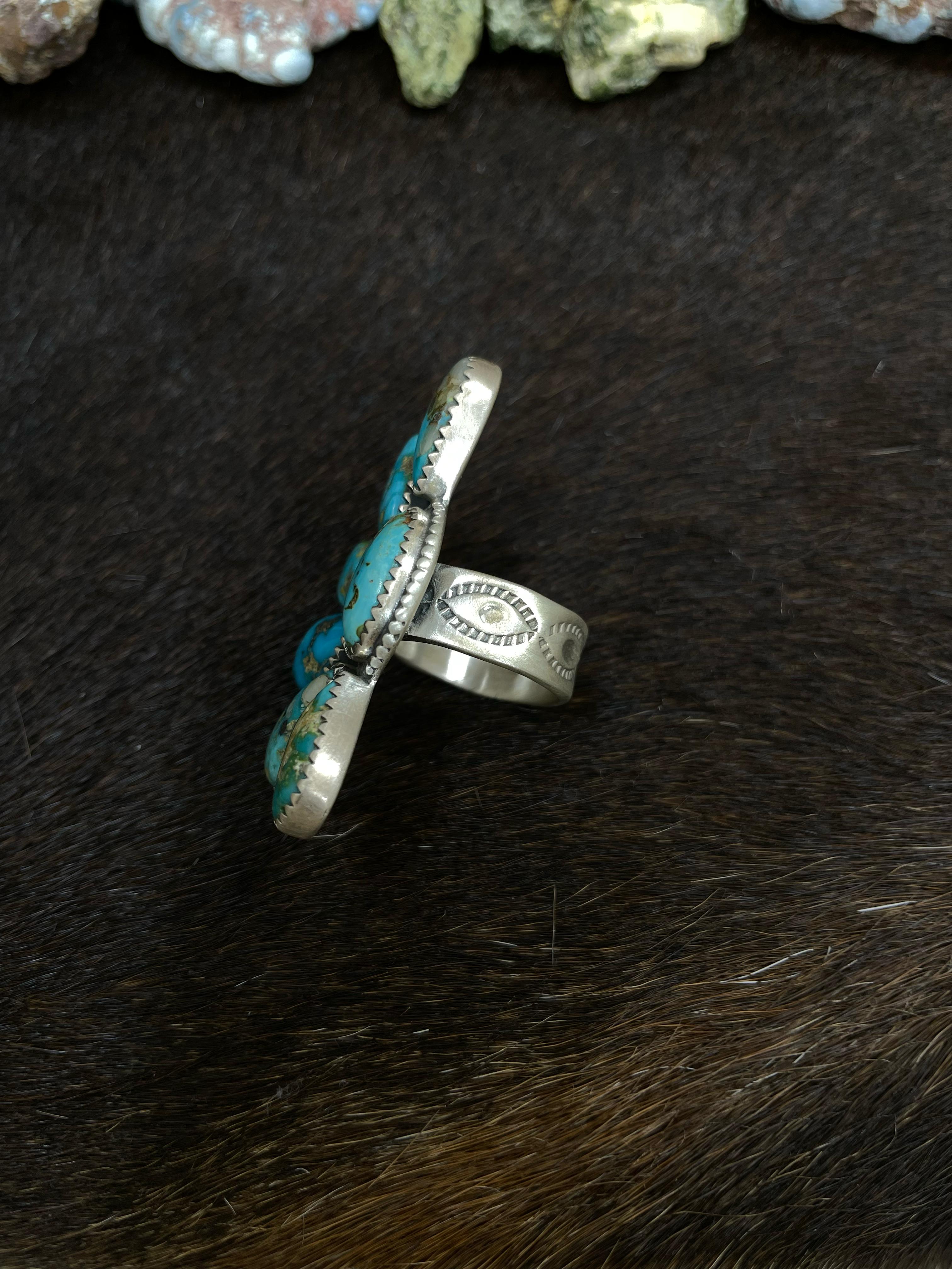 Handmade Sterling Silver South Hill Turquoise Adjustable Ring with Signed Nizhoni