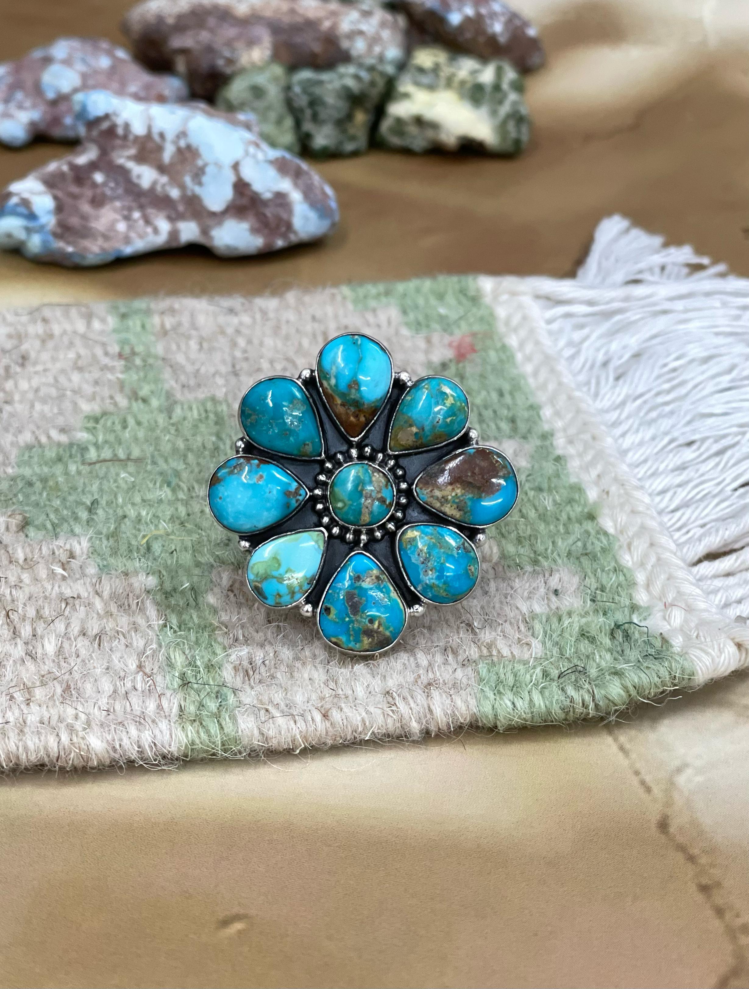 Handmade Sterling Silver South Hill Turquoise Adjustable Ring with Signed Nizhoni