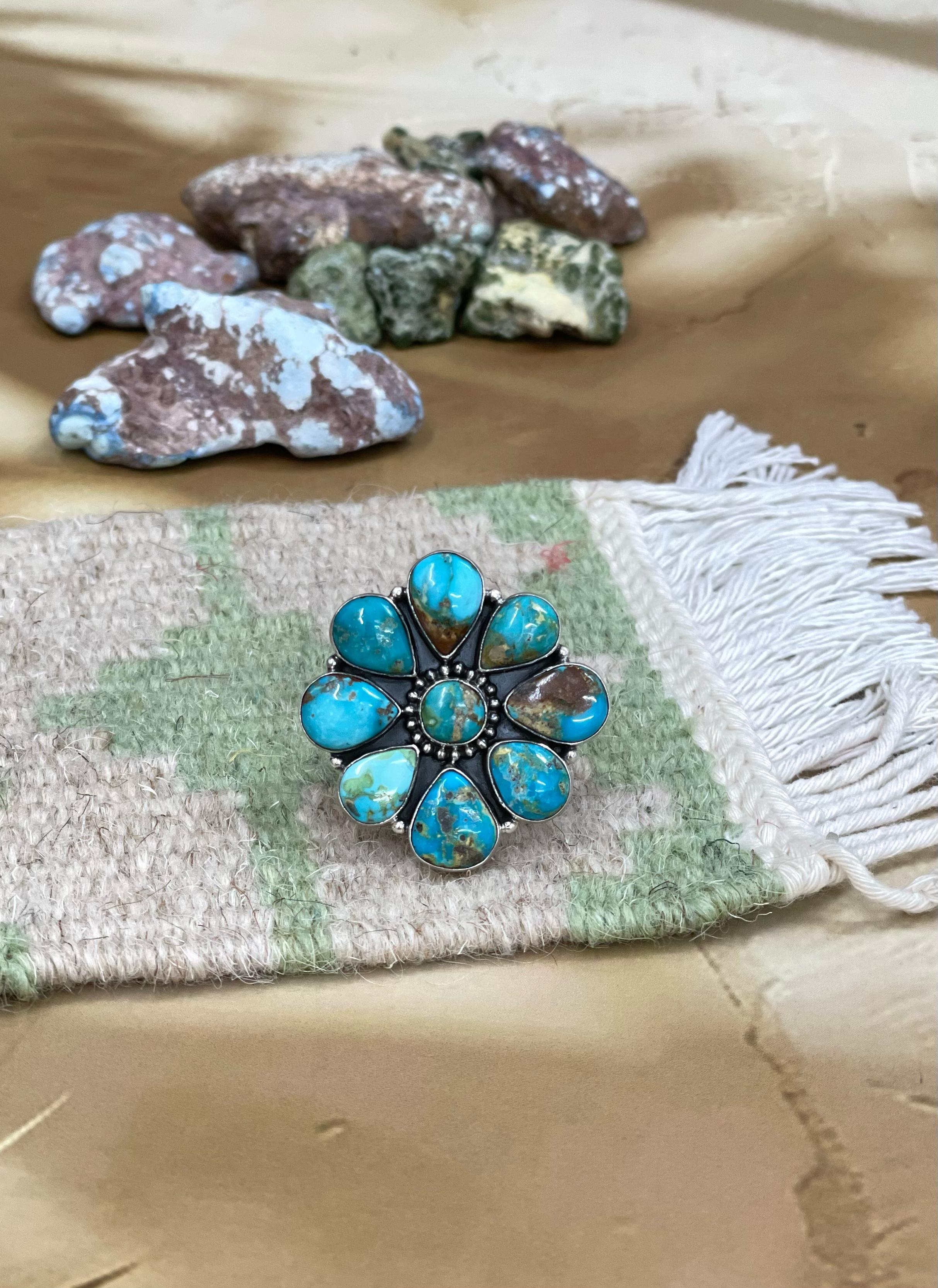 Handmade Sterling Silver South Hill Turquoise Adjustable Ring with Signed Nizhoni