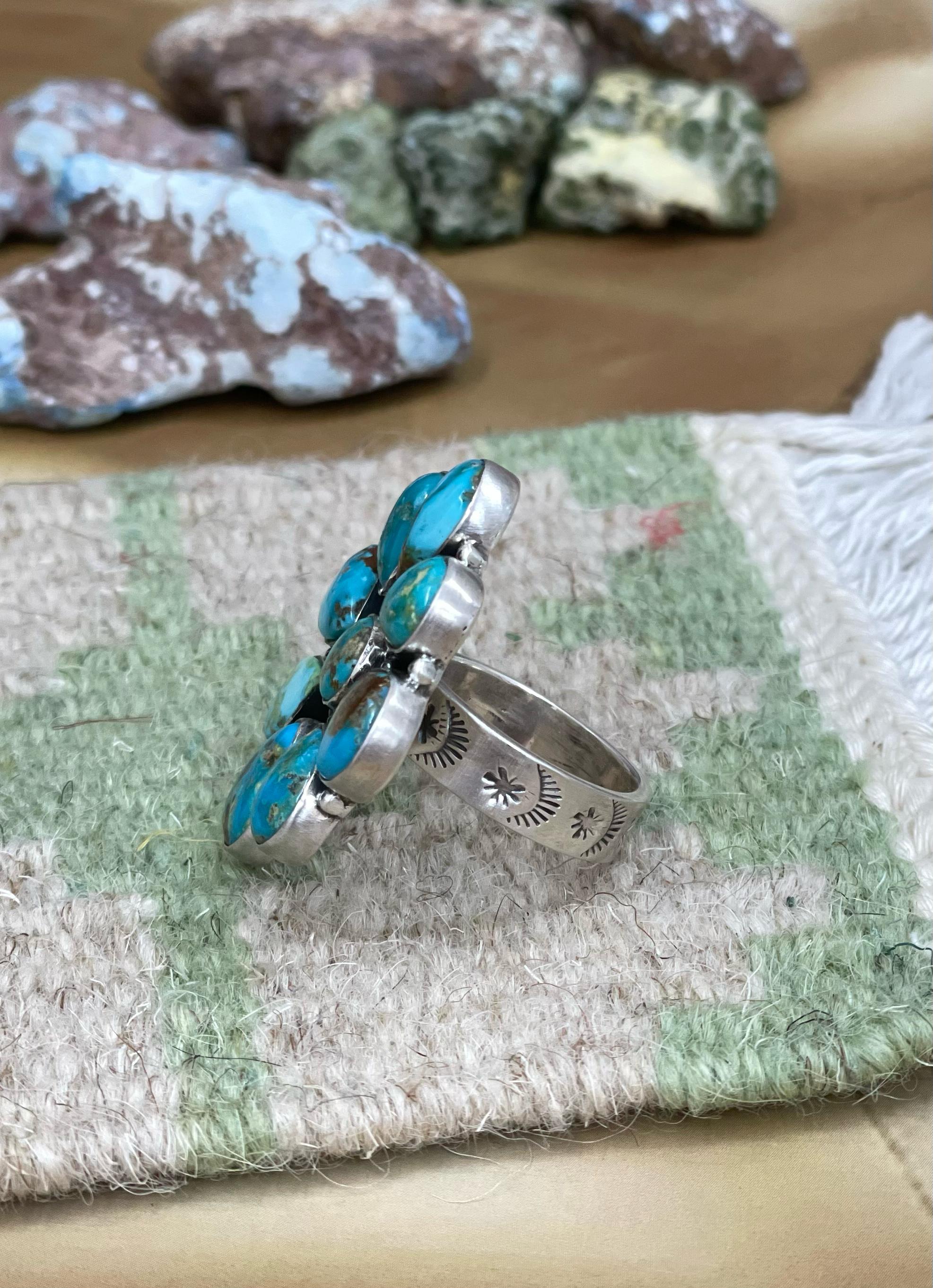 Handmade Sterling Silver South Hill Turquoise Adjustable Ring with Signed Nizhoni