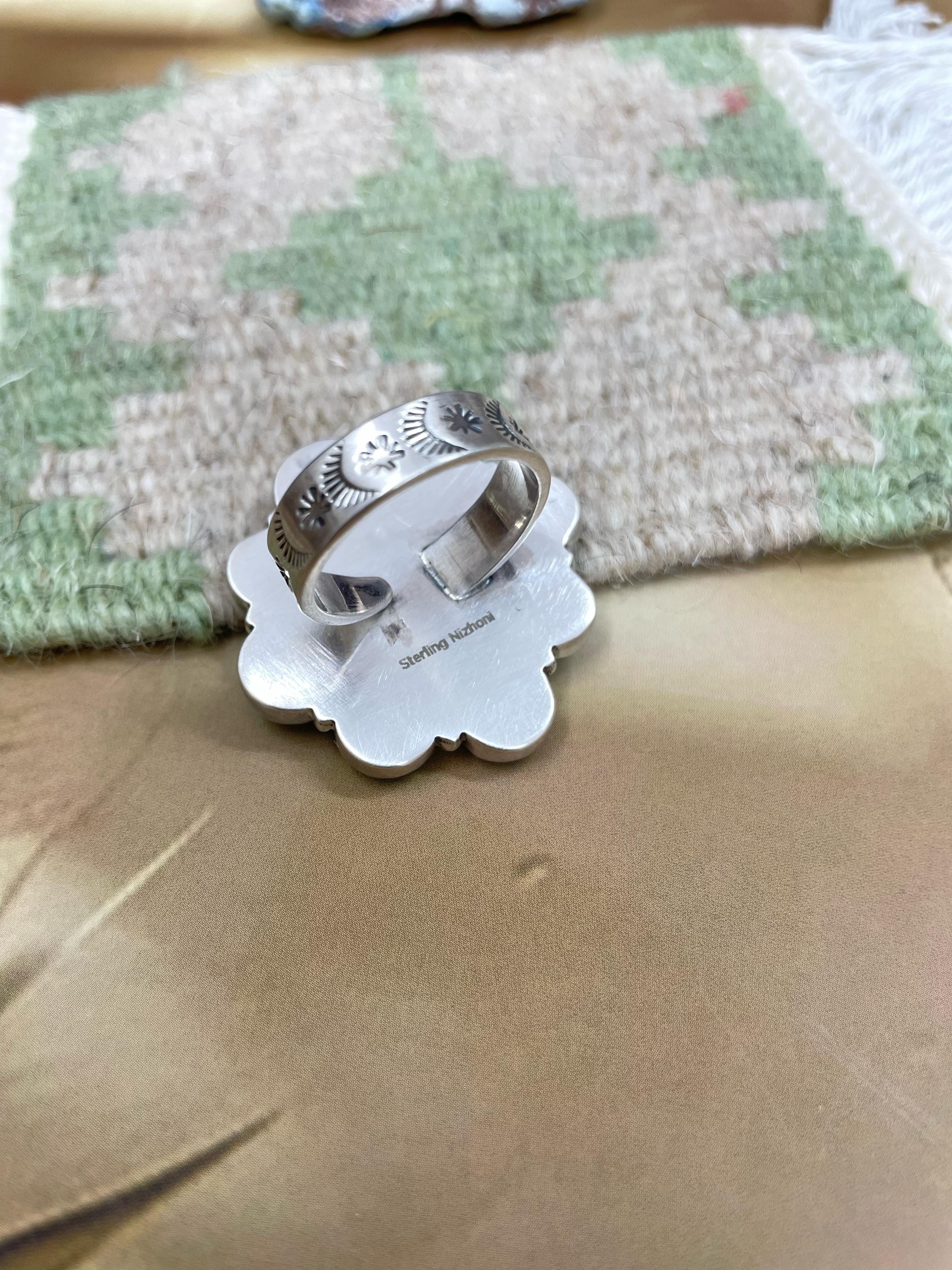 Handmade Sterling Silver South Hill Turquoise Adjustable Ring with Signed Nizhoni