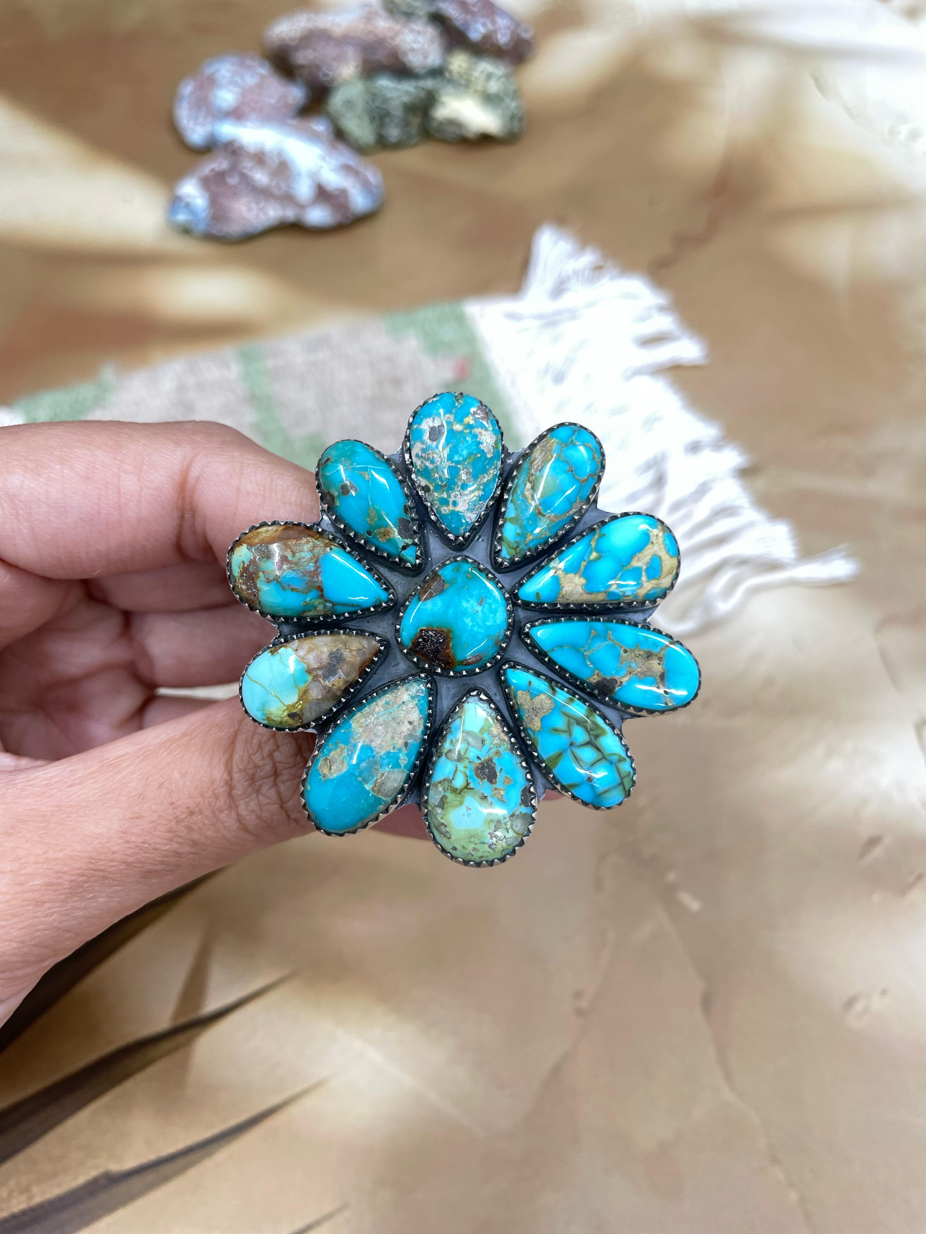 Handmade Sterling Silver South Hill Turquoise Adjustable Ring with Signed Nizhoni