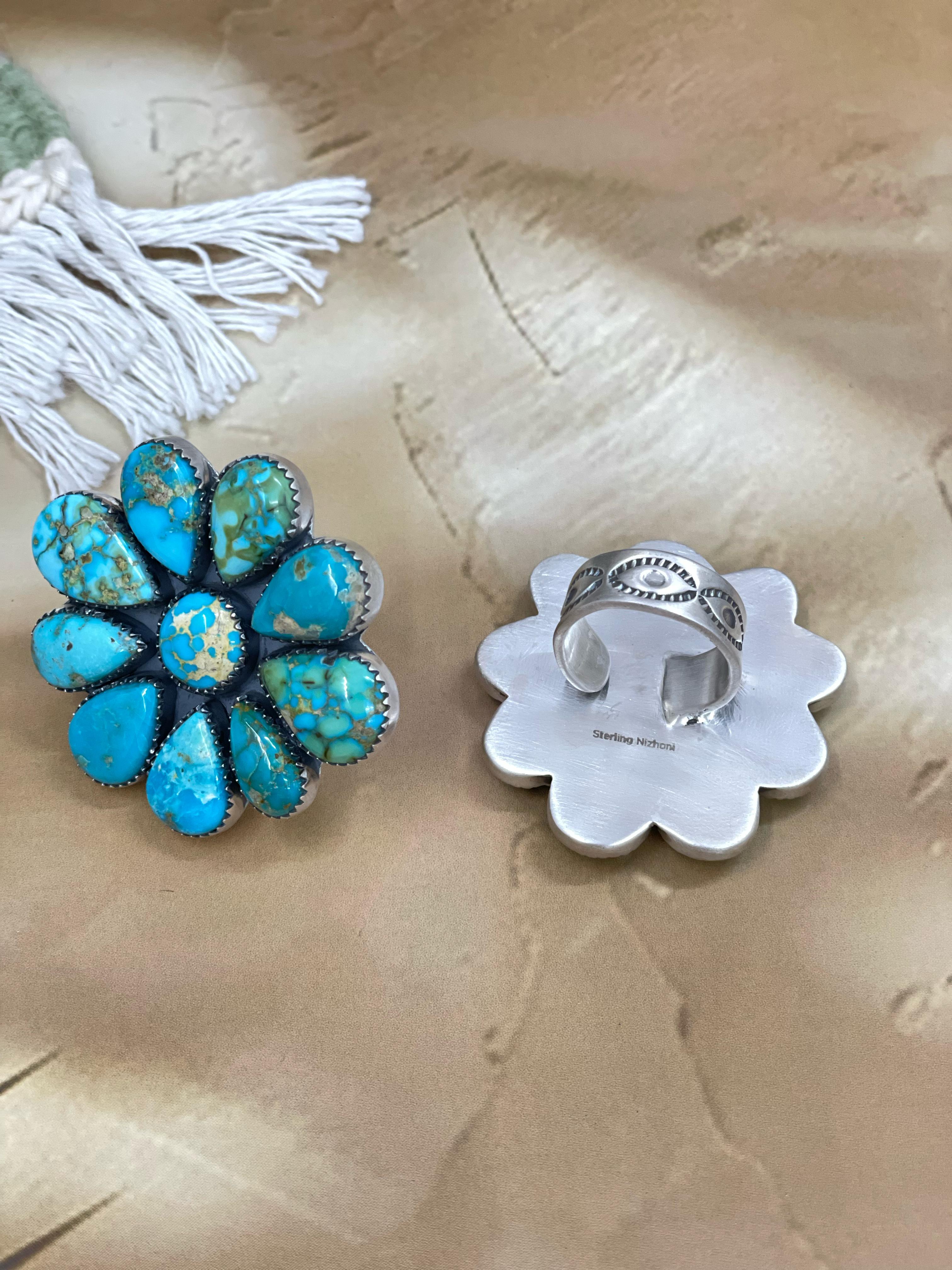 Handmade Sterling Silver South Hill Turquoise Adjustable Ring With Signed Nizhoni