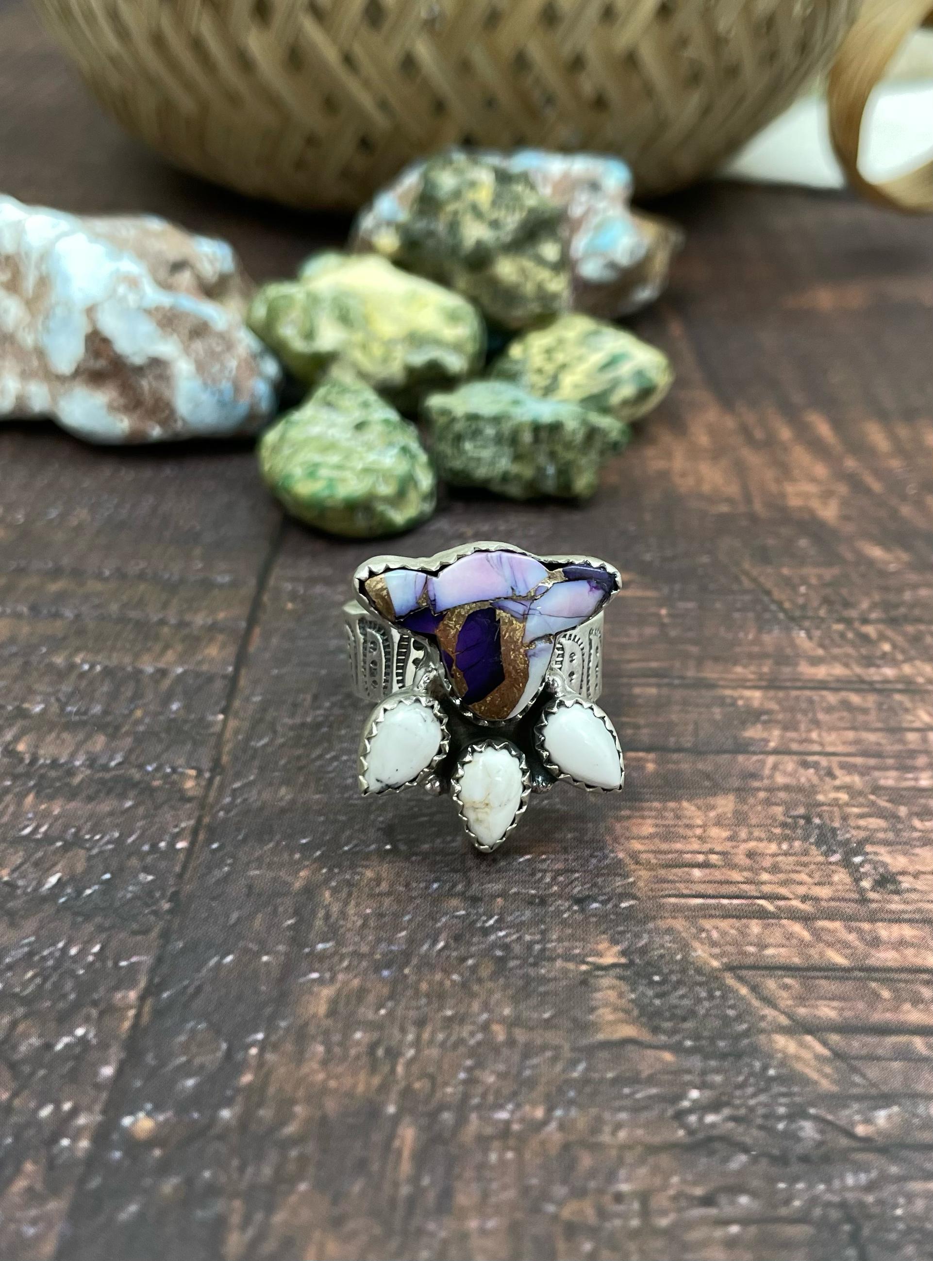 Handmade Sterling Silver Purple Rose Dahlia with White Buffalo Turquoise Adjustable Ring, Signed Nizhoni