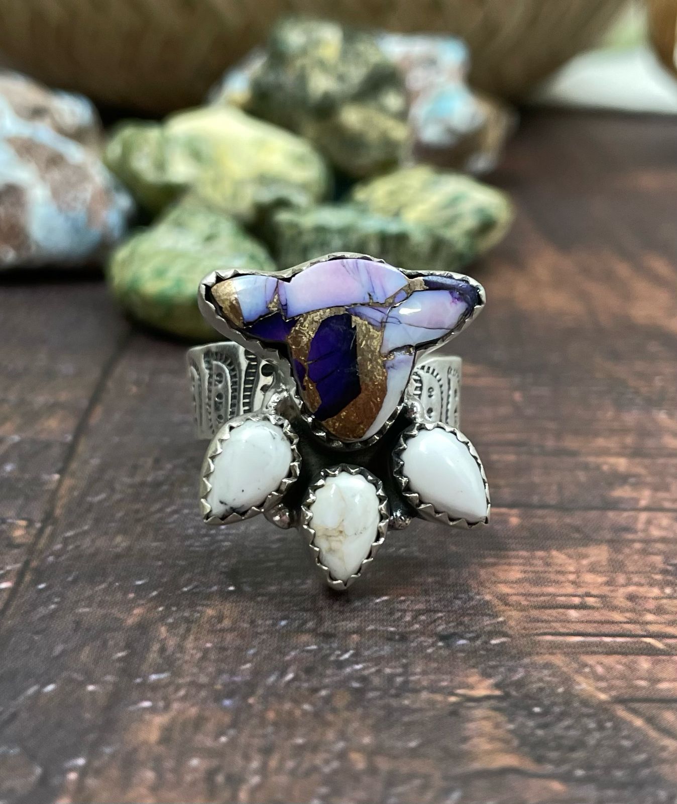Handmade Sterling Silver Purple Rose Dahlia with White Buffalo Turquoise Adjustable Ring, Signed Nizhoni