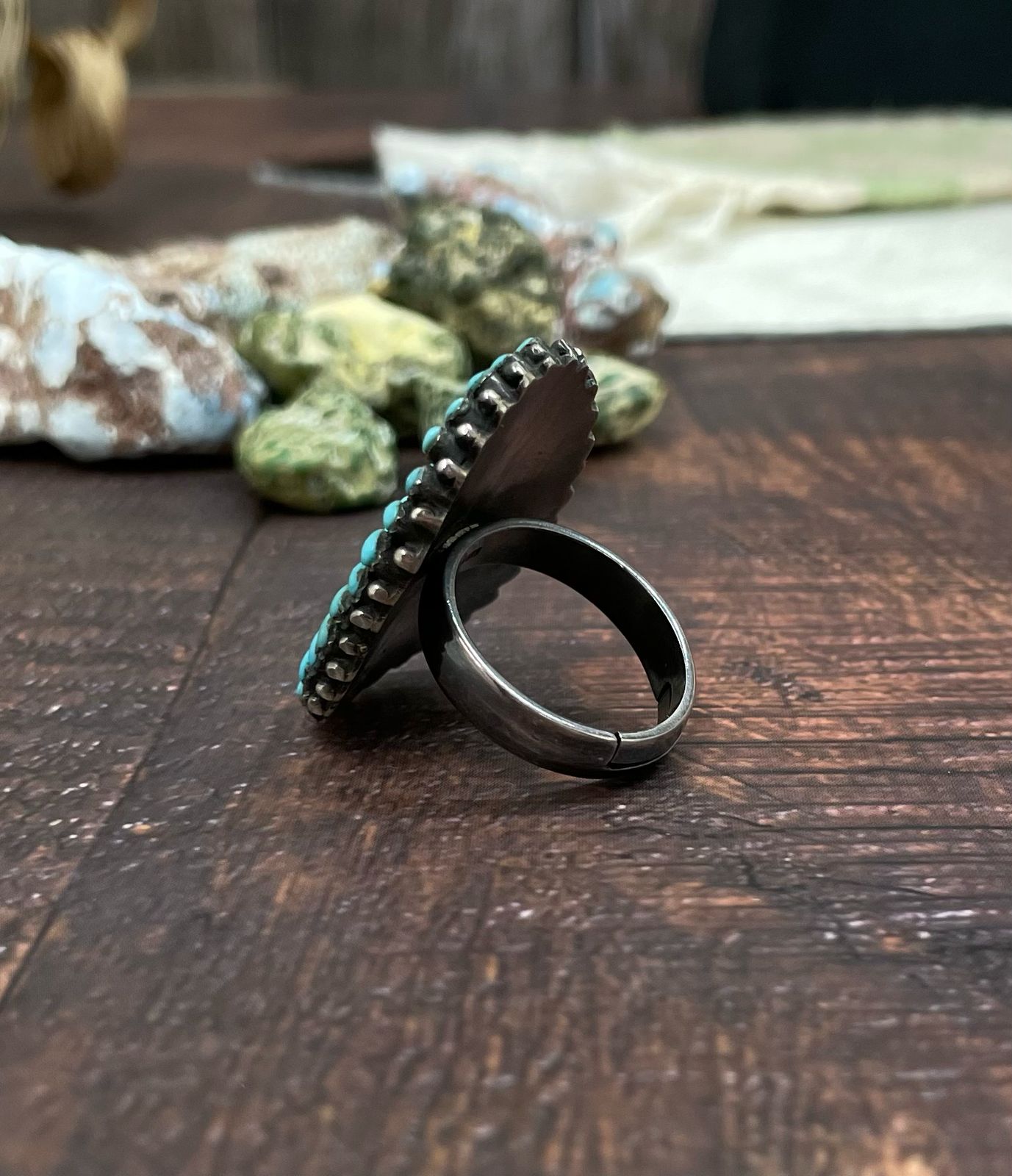Handmade Sterling Silver Kingman Turquoise Adjustable Ring with Signed Nizhoni