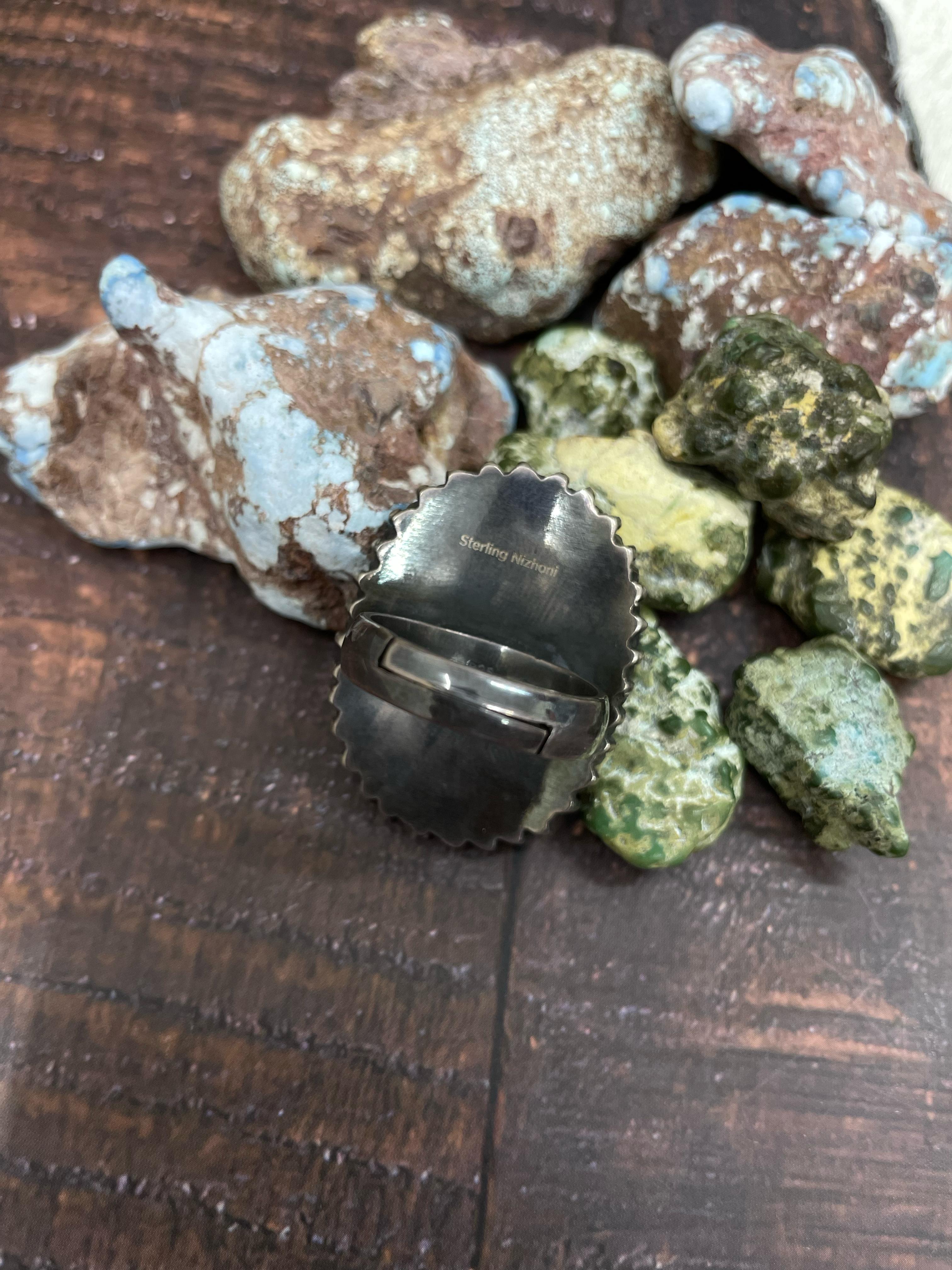 Handmade Sterling Silver Kingman Turquoise Adjustable Ring with Signed Nizhoni