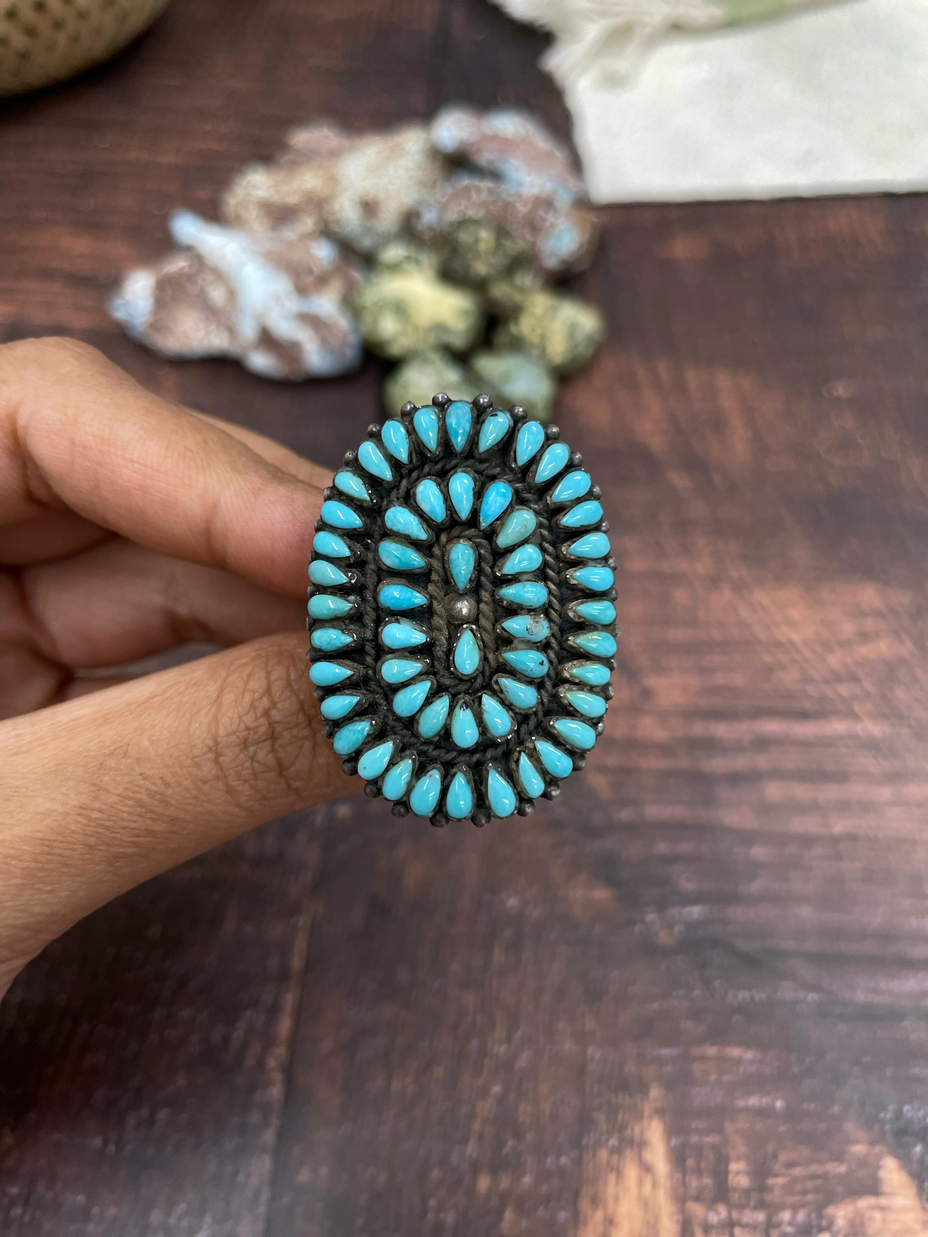 Handmade Sterling Silver Kingman Turquoise Adjustable Ring with Signed Nizhoni