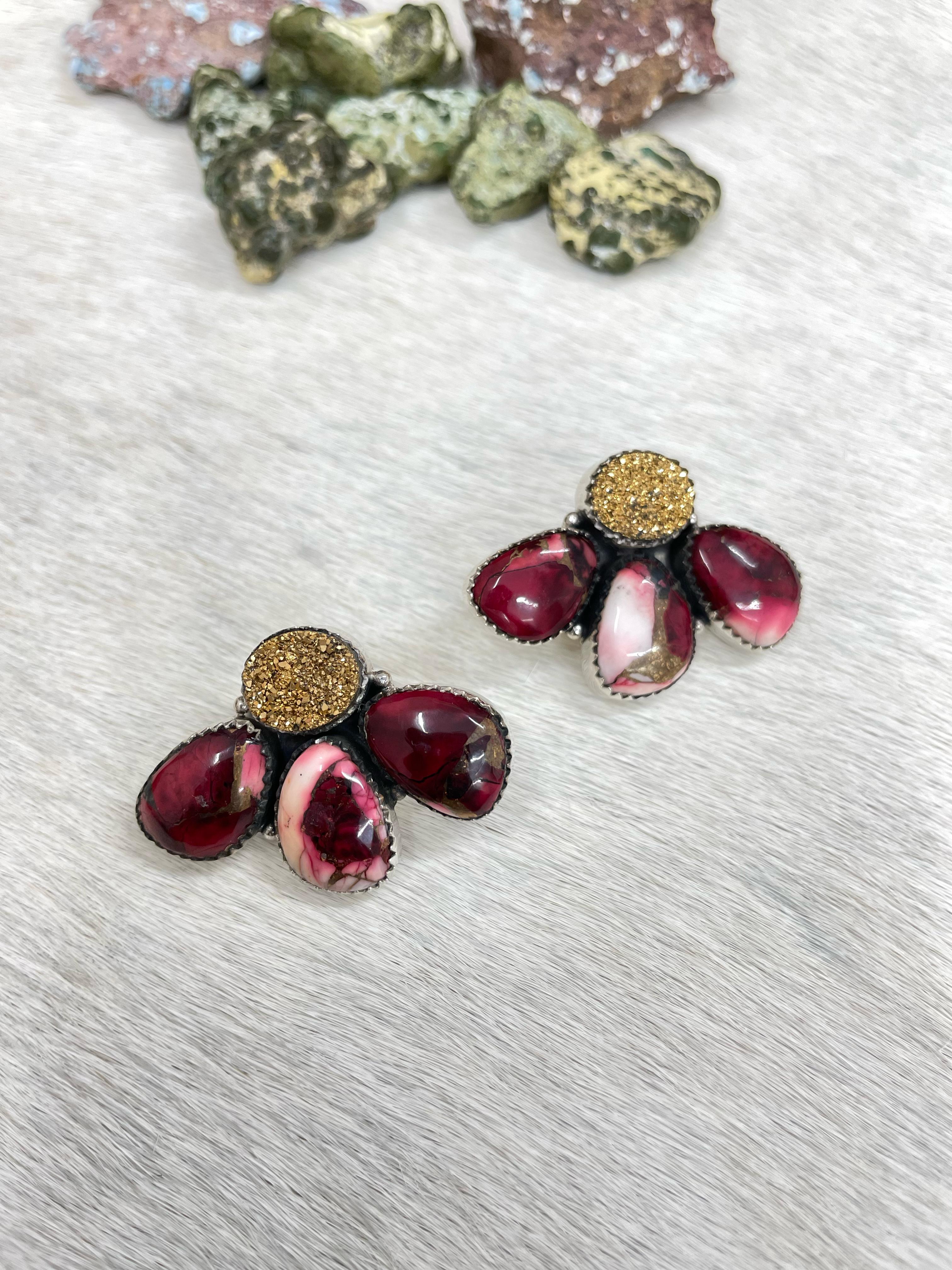 Handmade Sterling Silver Dahlia Rose with Druzy Post Earrings with Signed Nizhoni