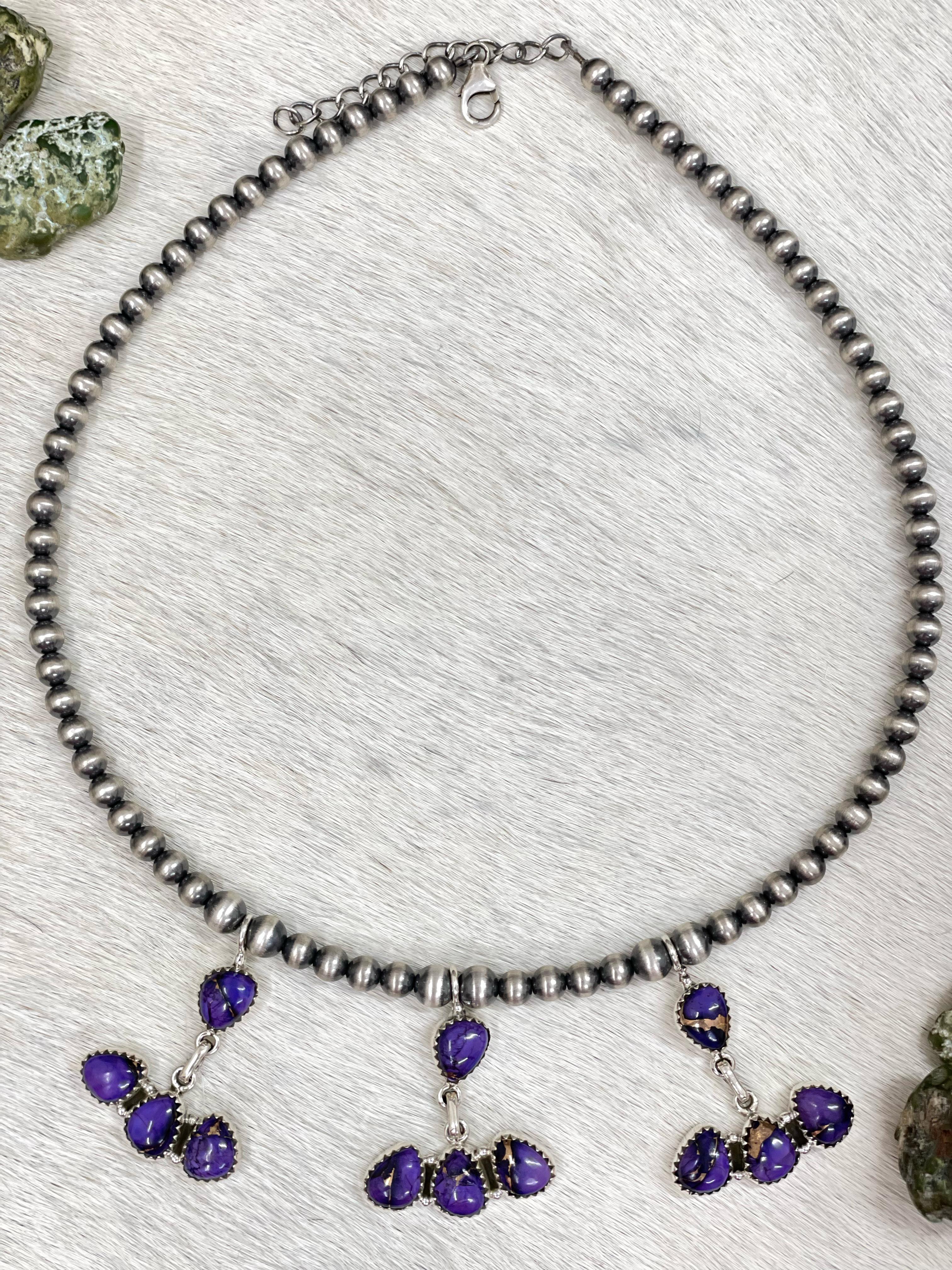 Handmade Sterling Silver Grape Dahlia Beaded Necklace with Signed Nizhoni