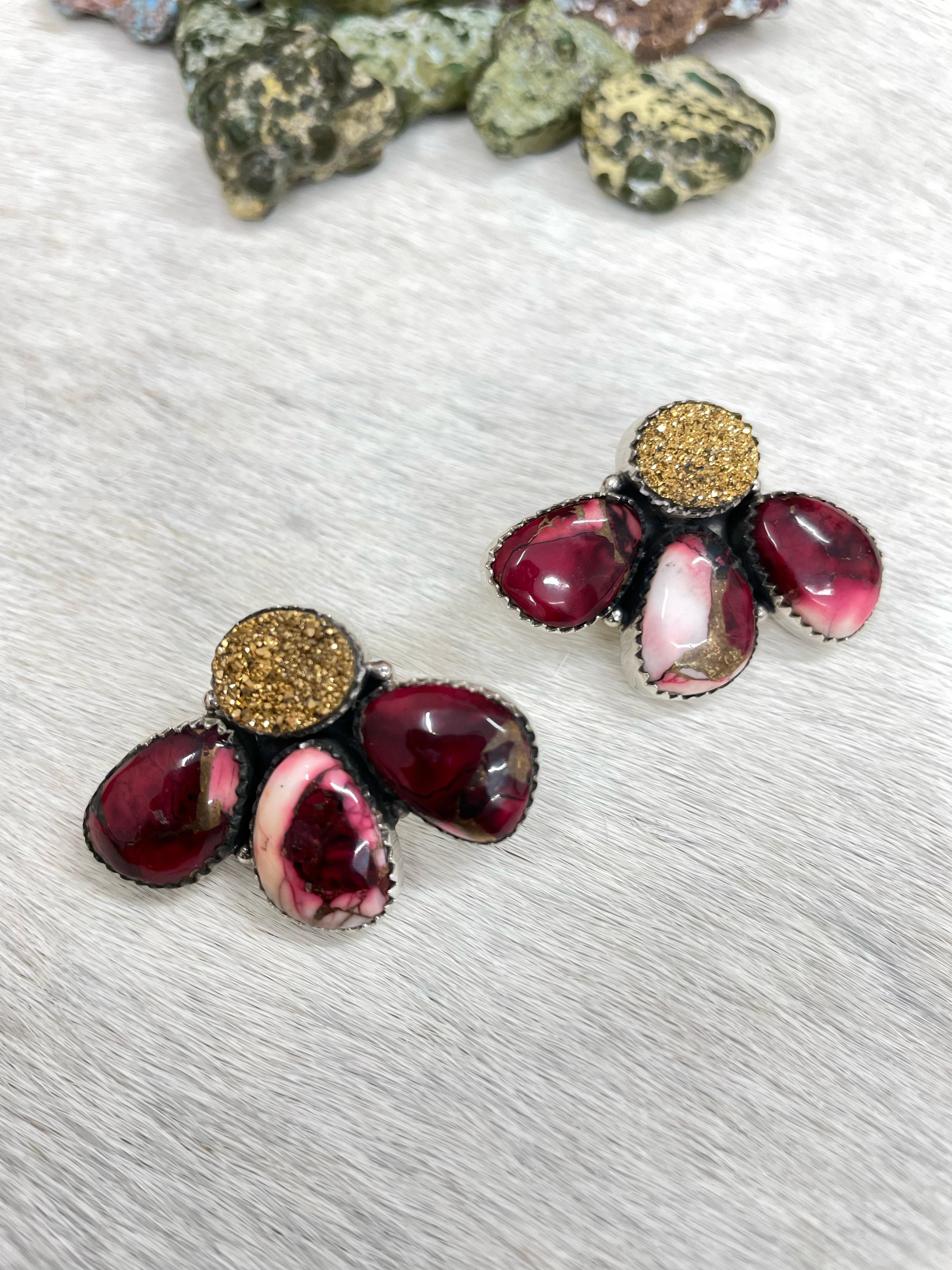 Handmade Sterling Silver Dahlia Rose with Druzy Post Earrings with Signed Nizhoni