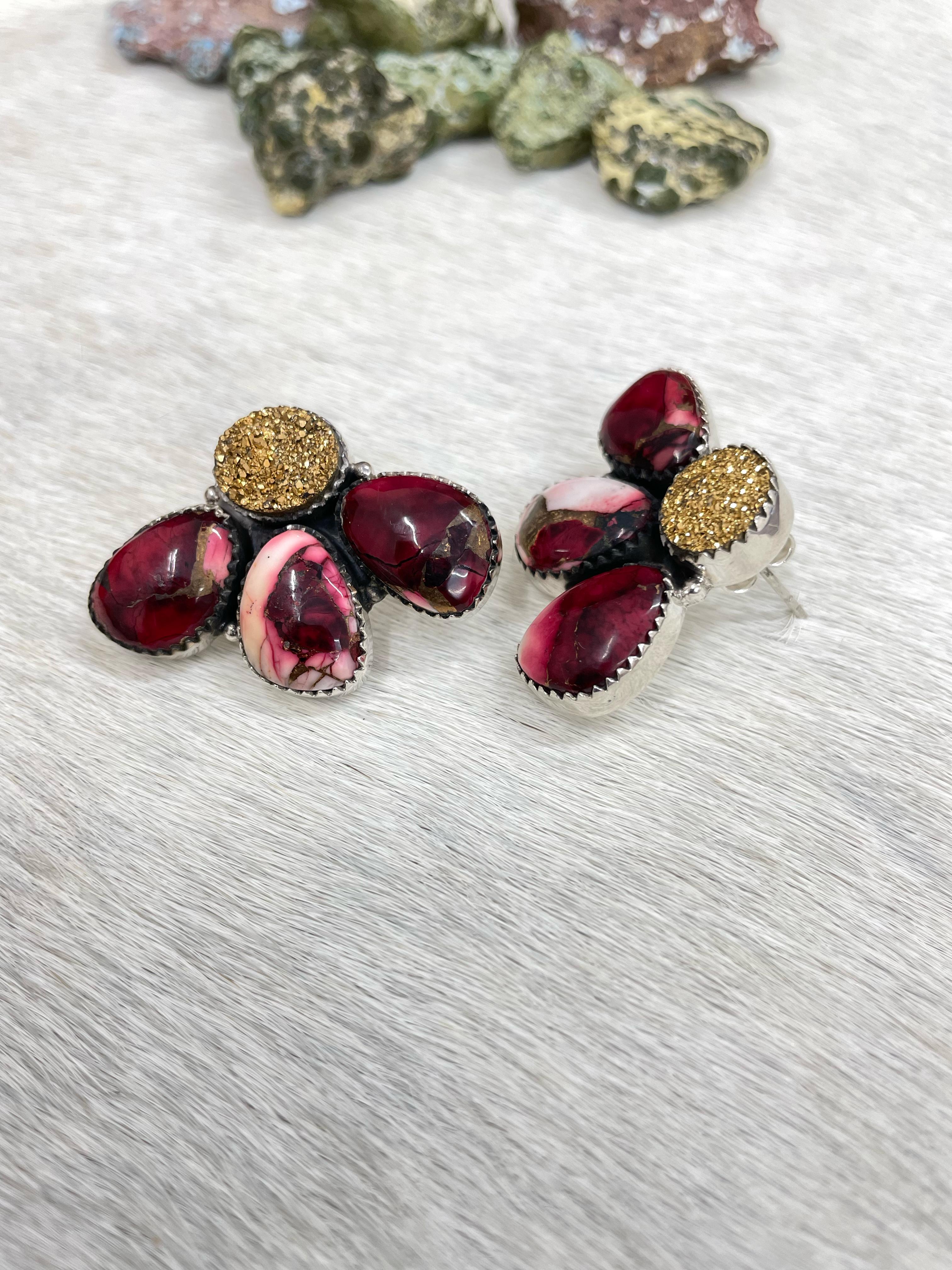 Handmade Sterling Silver Dahlia Rose with Druzy Post Earrings with Signed Nizhoni