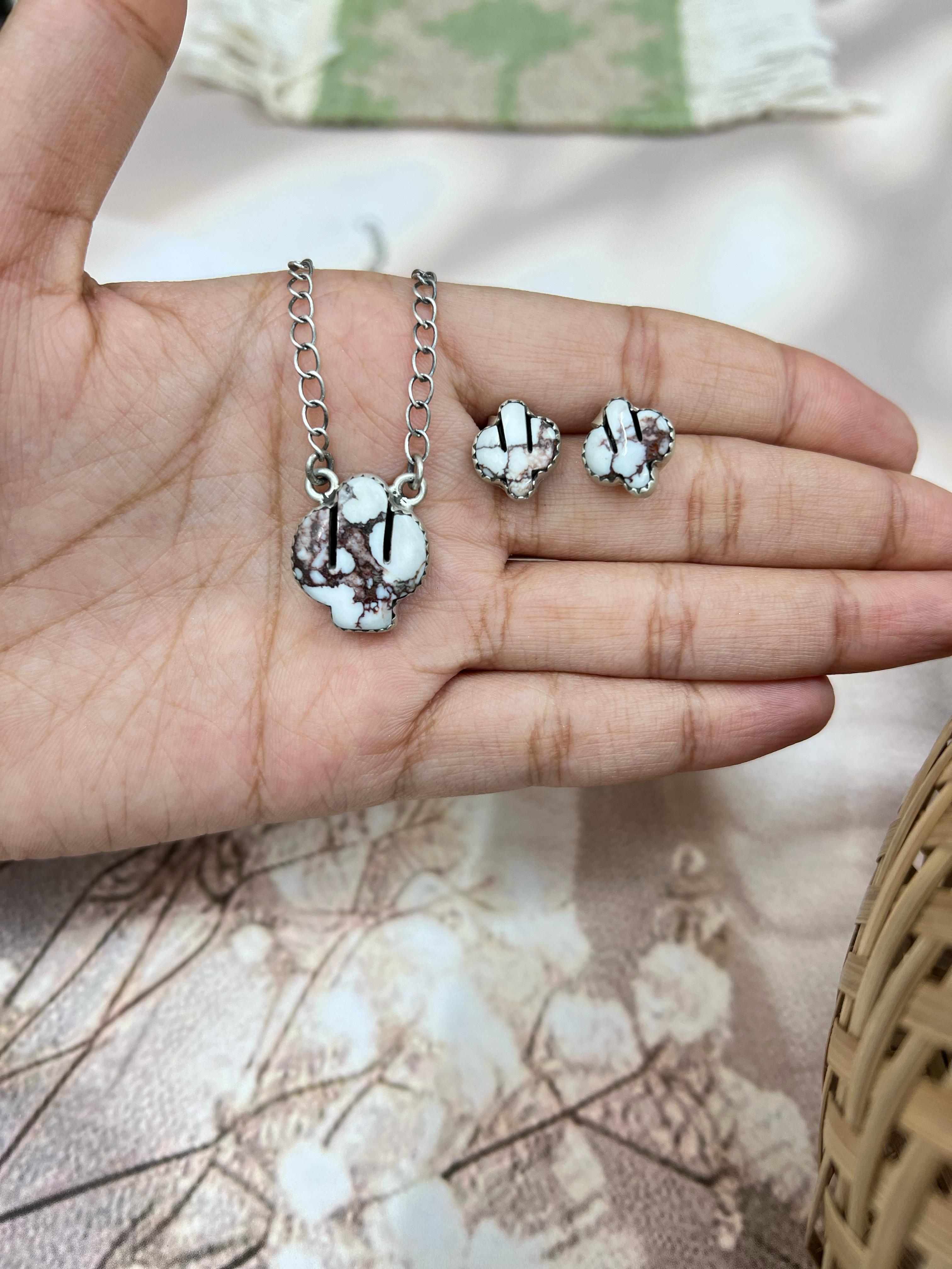 Handmade Sterling Silver Wild Horse Saguaro Necklace Earrings Set with Signed Nizhoni