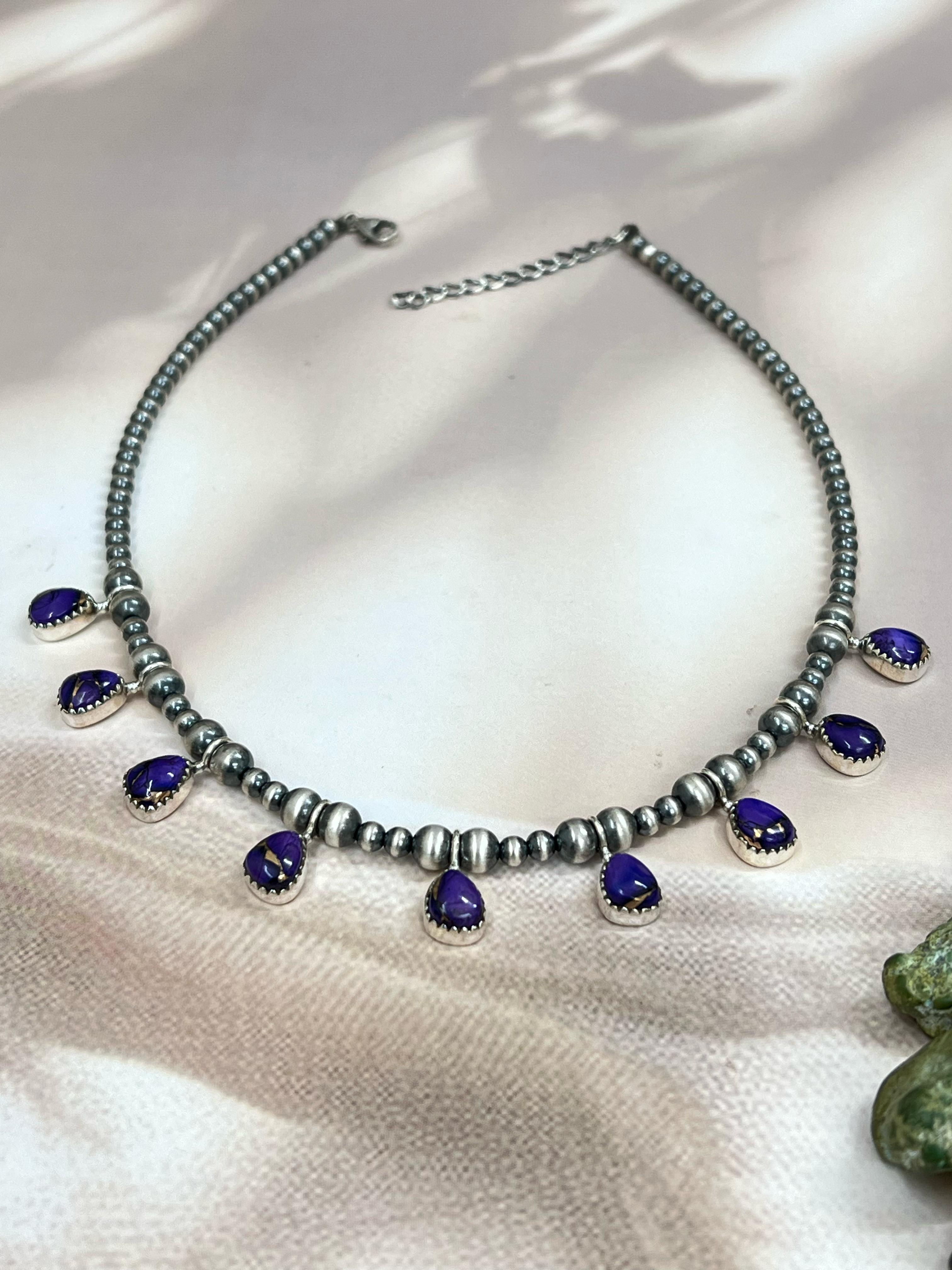 Handmade Sterling Silver Grape Dahlia Beaded Necklace with Signed Nizhoni