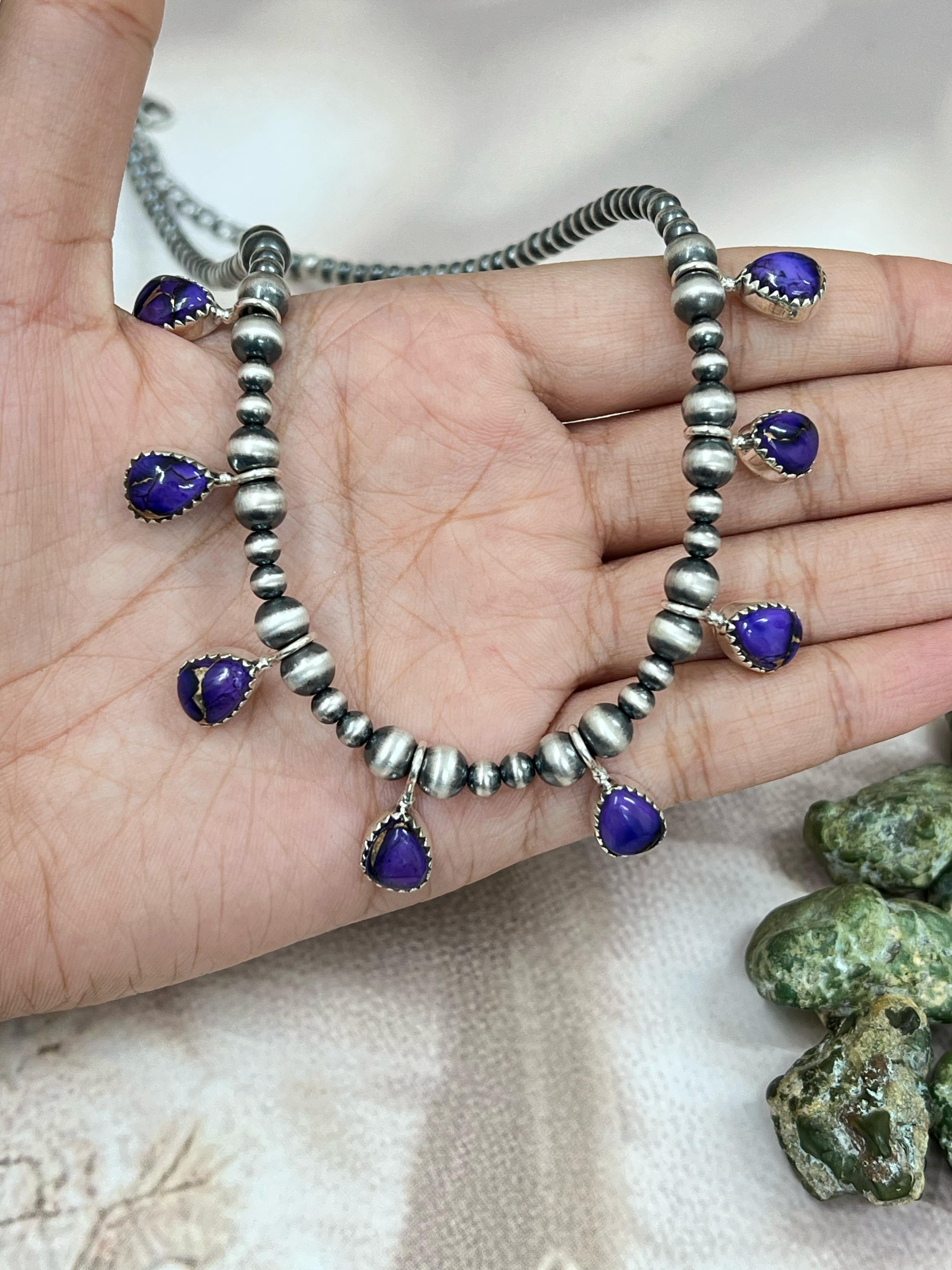 Handmade Sterling Silver Grape Dahlia Beaded Necklace with Signed Nizhoni