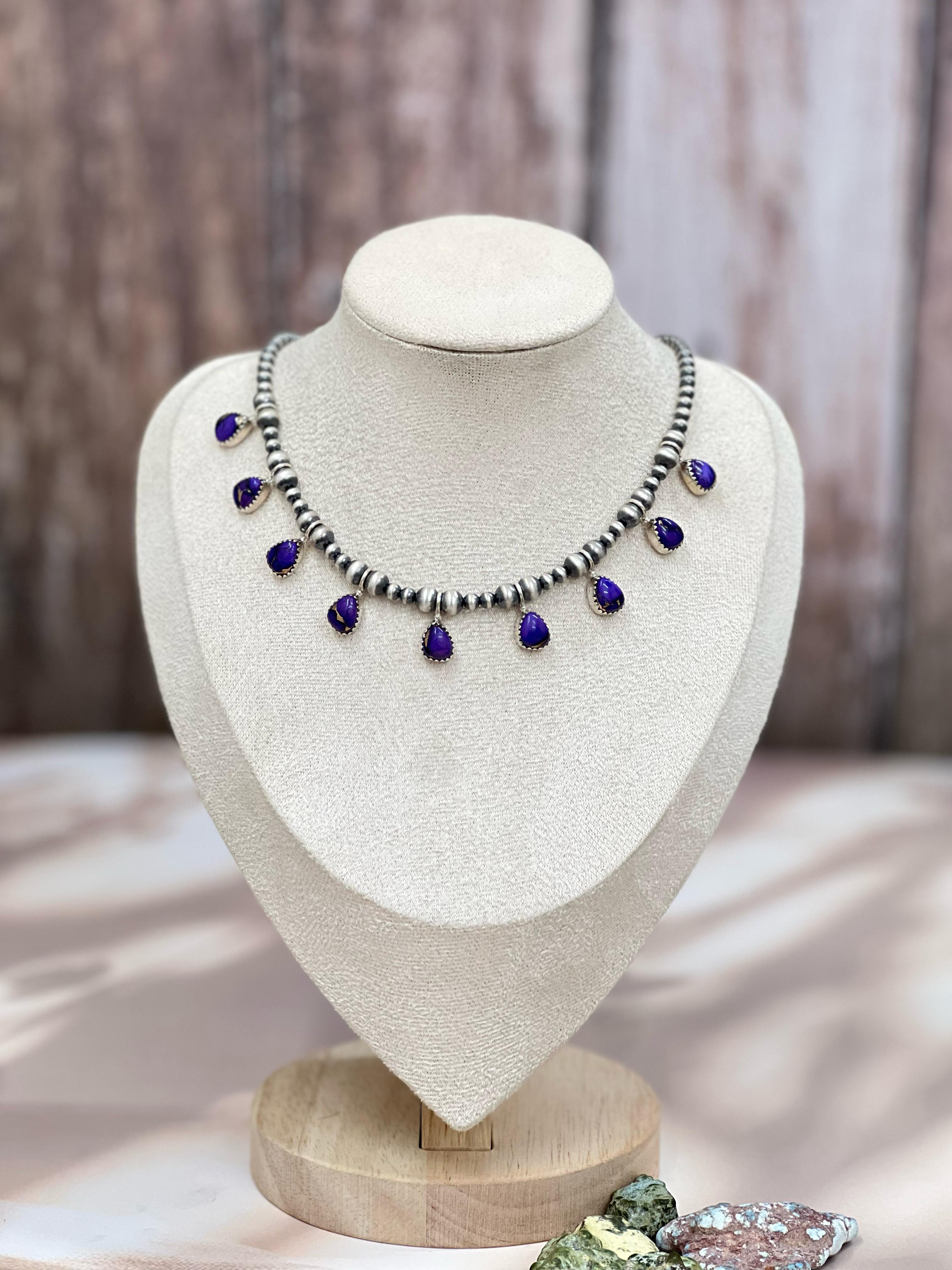 Handmade Sterling Silver Grape Dahlia Beaded Necklace with Signed Nizhoni