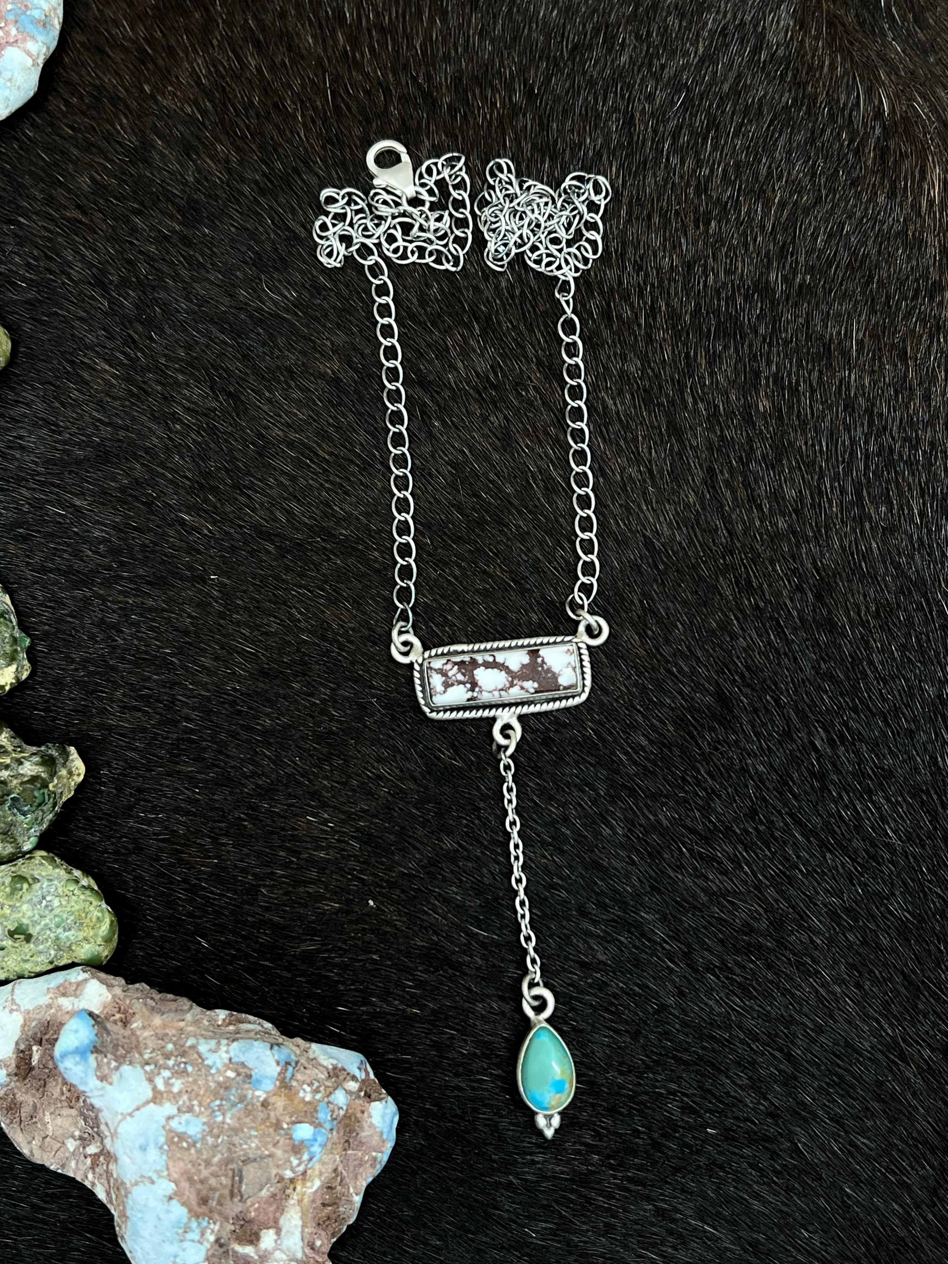 Handmade Sterling Silver Wild Horse with Kingman Turquoise Necklace, Signed Nizhoni
